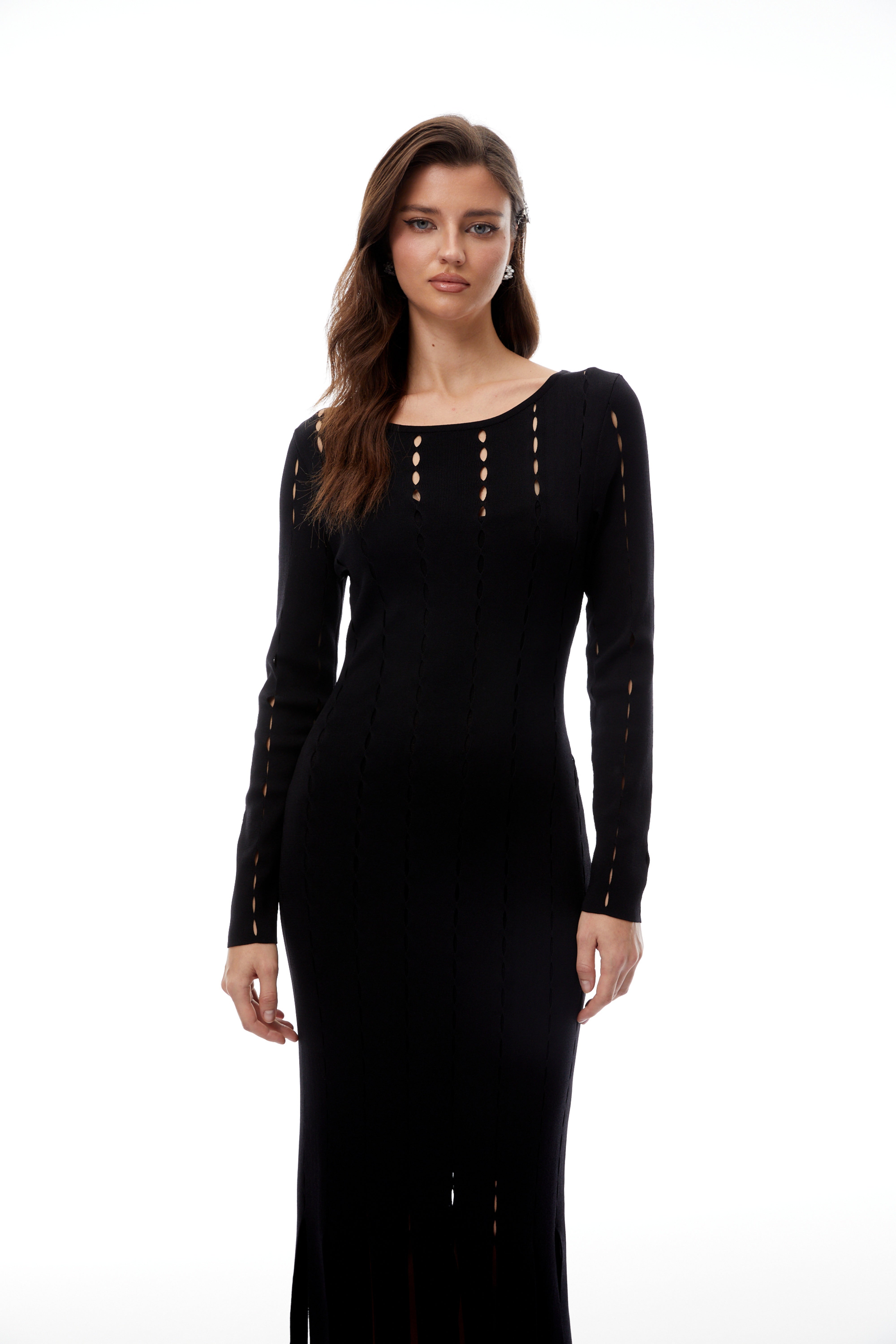 Ylva Black Cut Out Fringed Knit Midi Dress