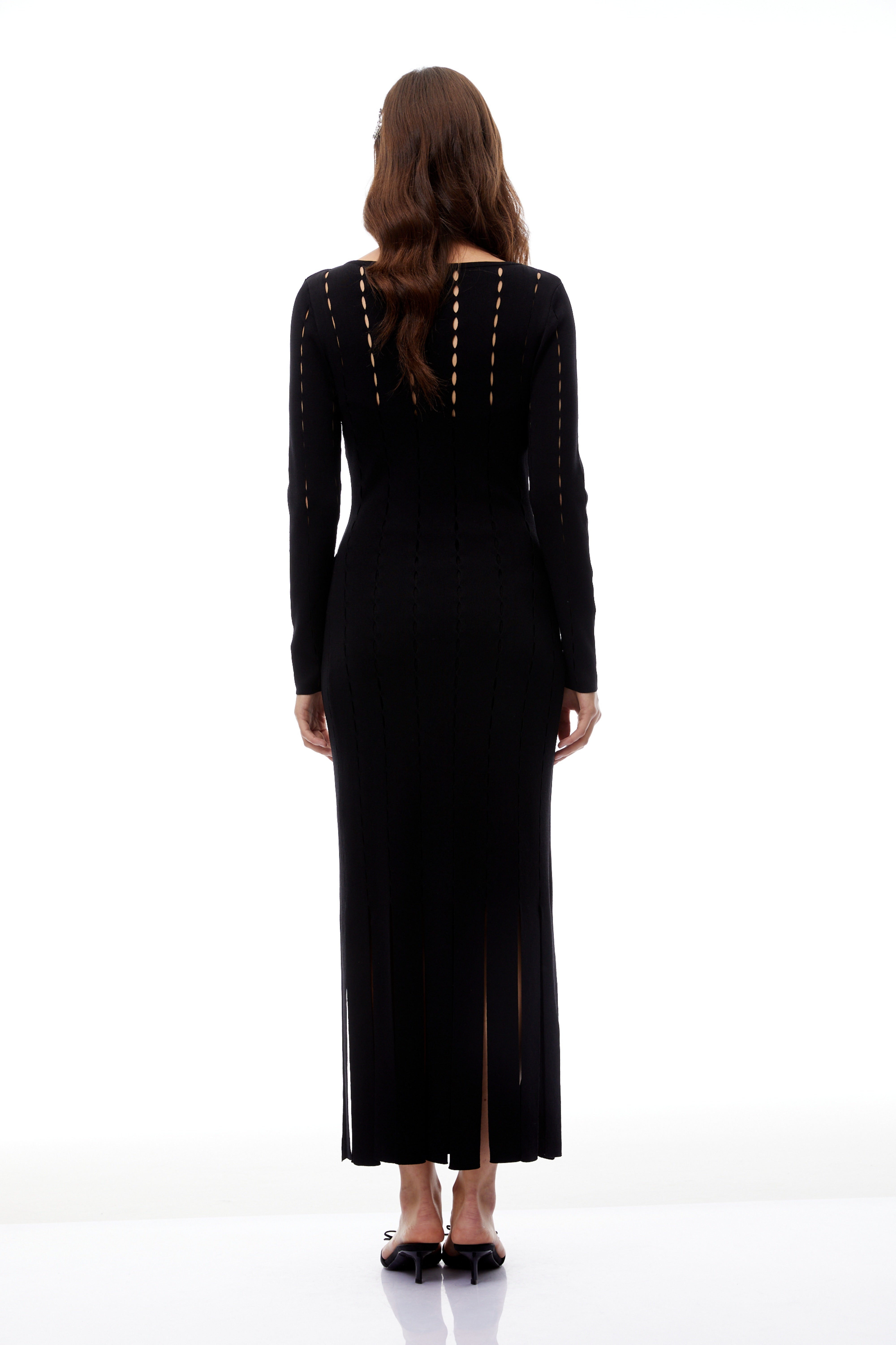 Ylva Black Cut Out Fringed Knit Midi Dress