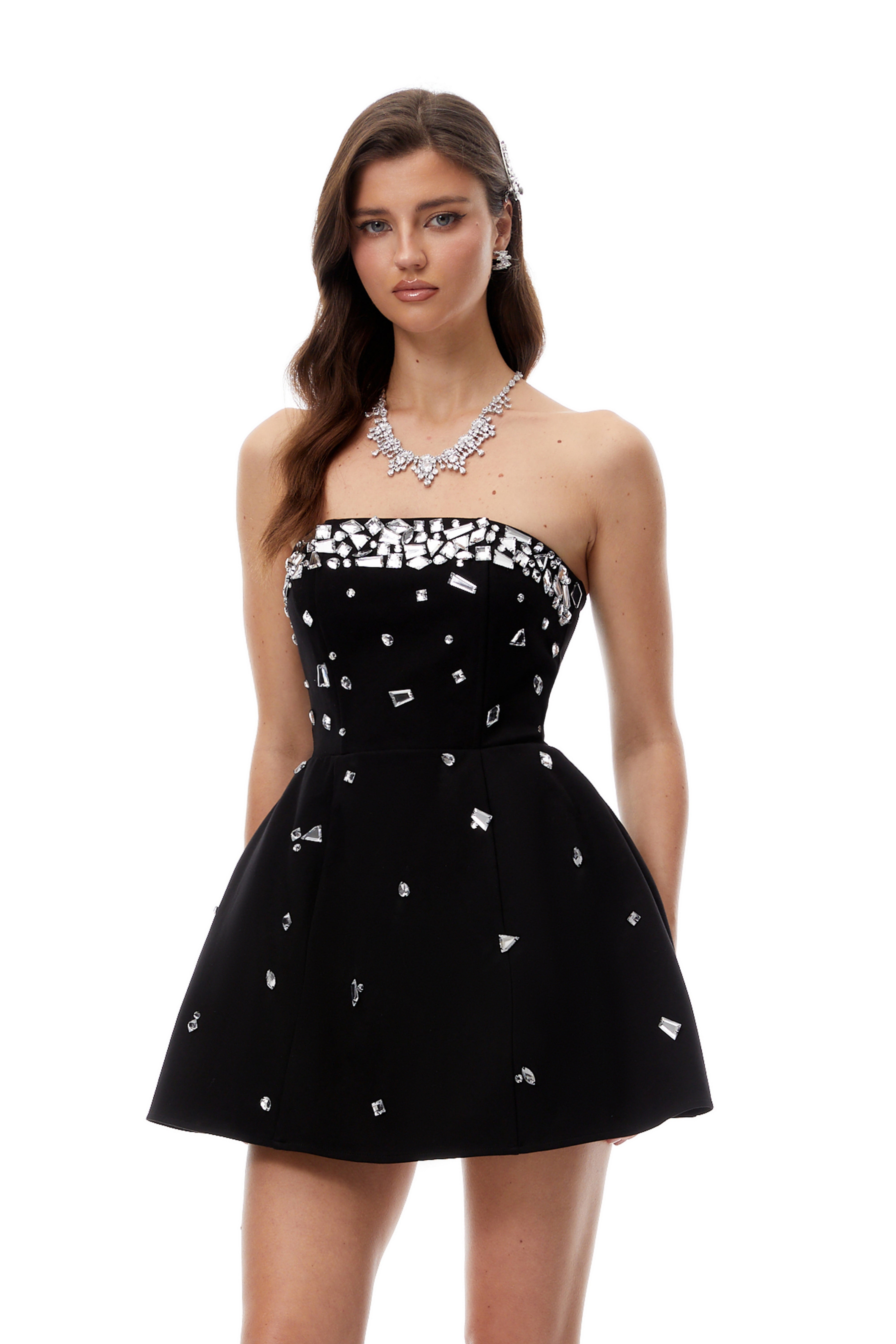 Gabrielle Black Strapless Crystal Embellished Mini Dress