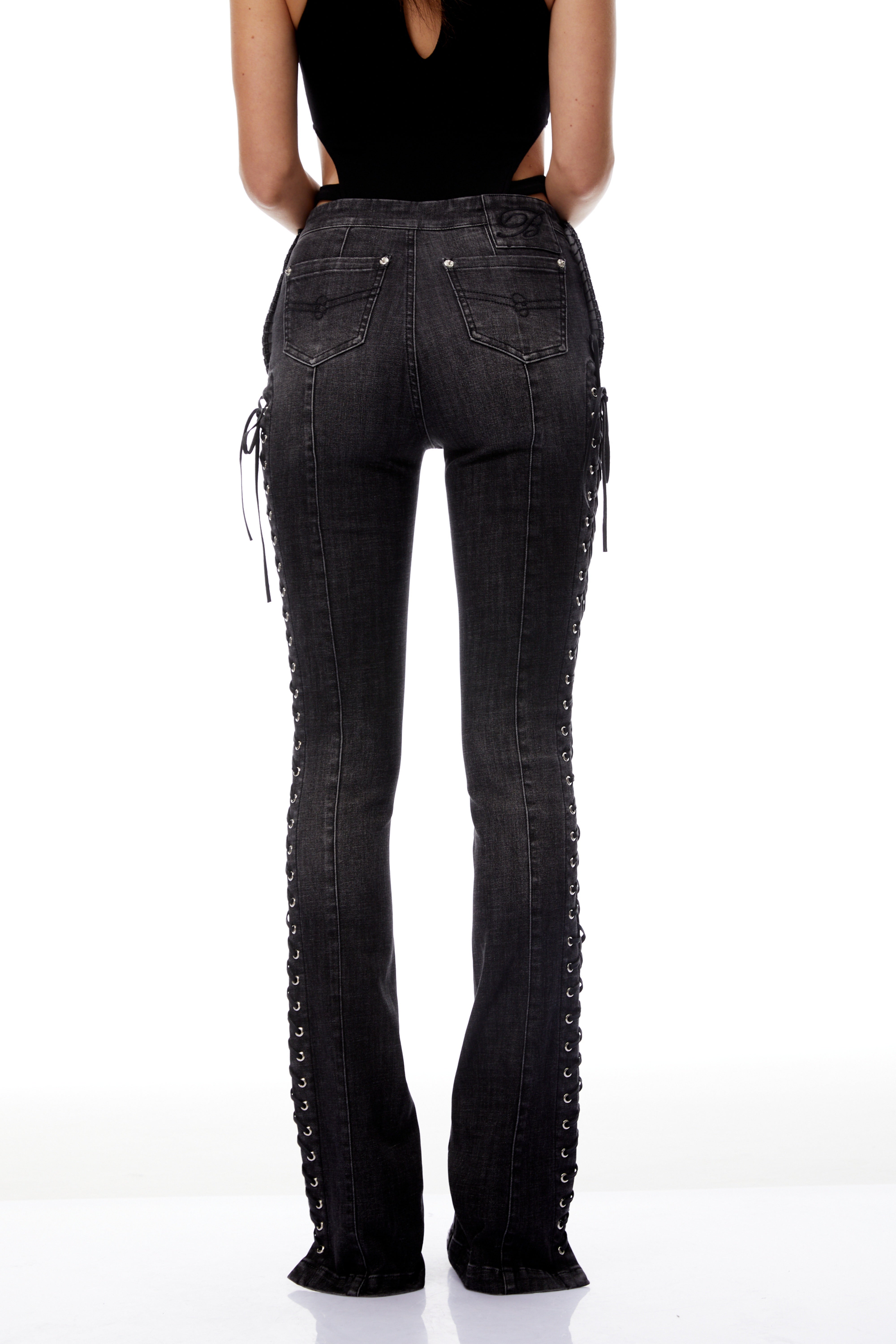 Vera Black Lace Up Flared Skinny Jeans