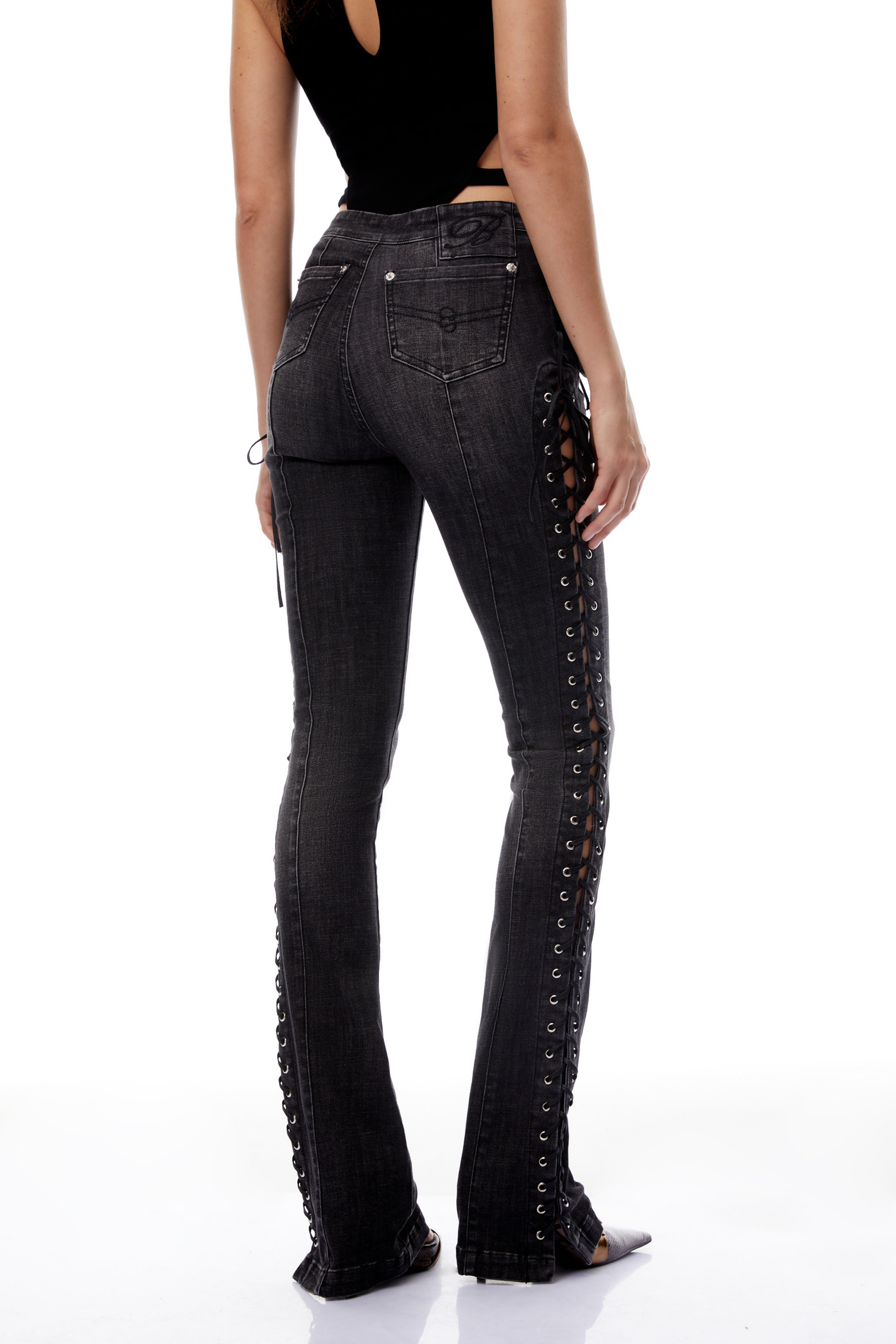 Vera Black Lace Up Flared Skinny Jeans