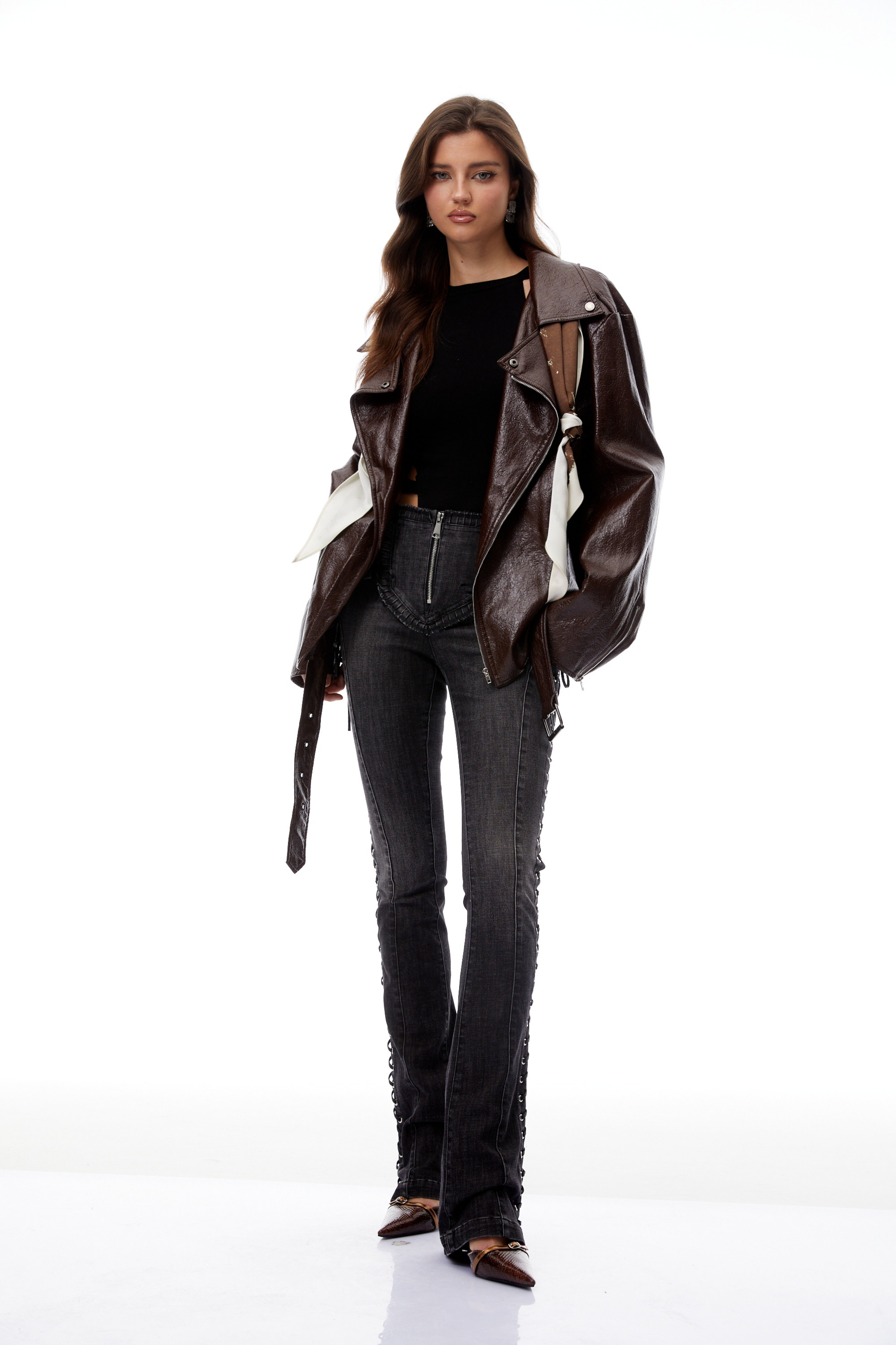 Briar Chestnut Scarf Detail Leather Jacket