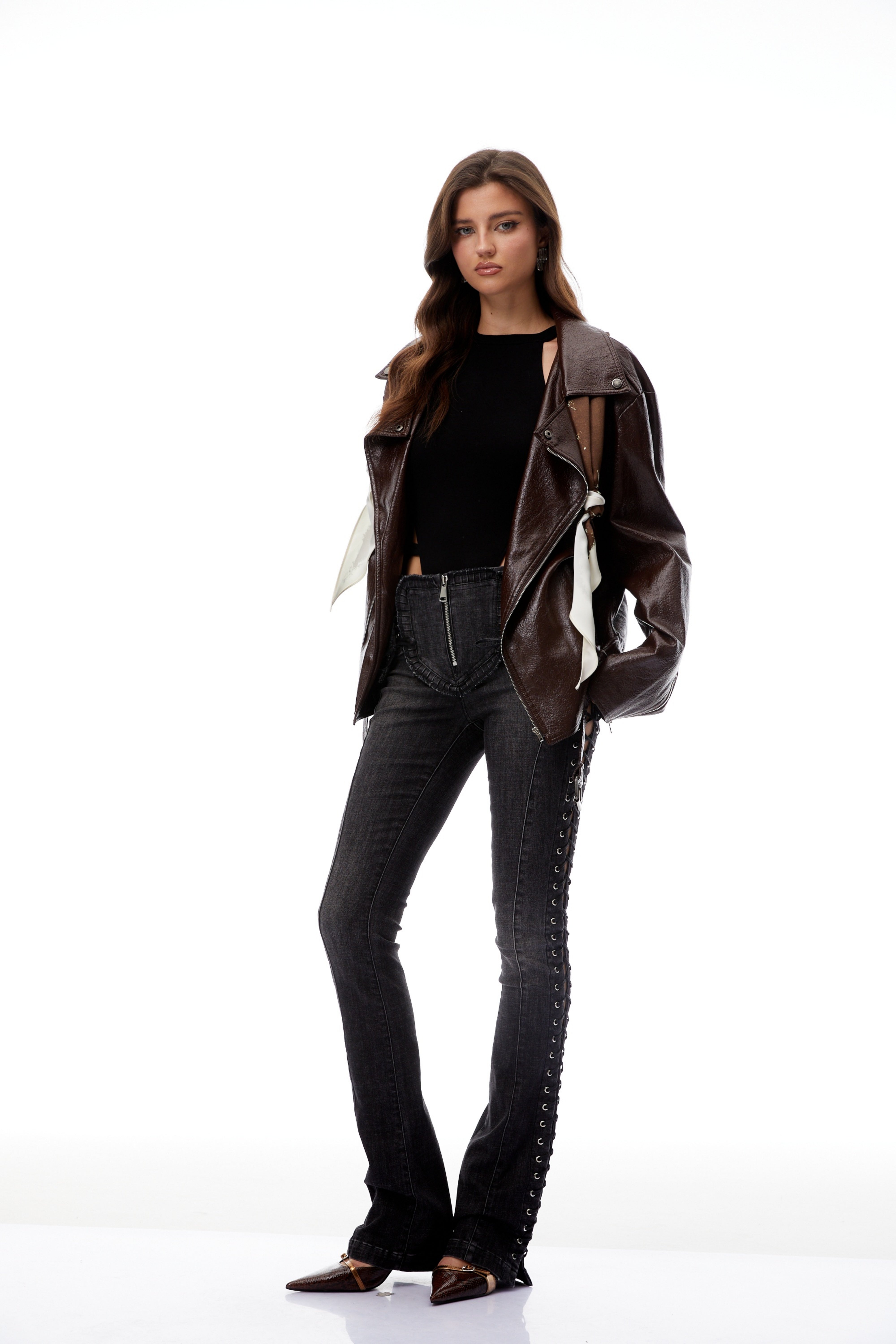 Briar Chestnut Scarf Detail Leather Jacket