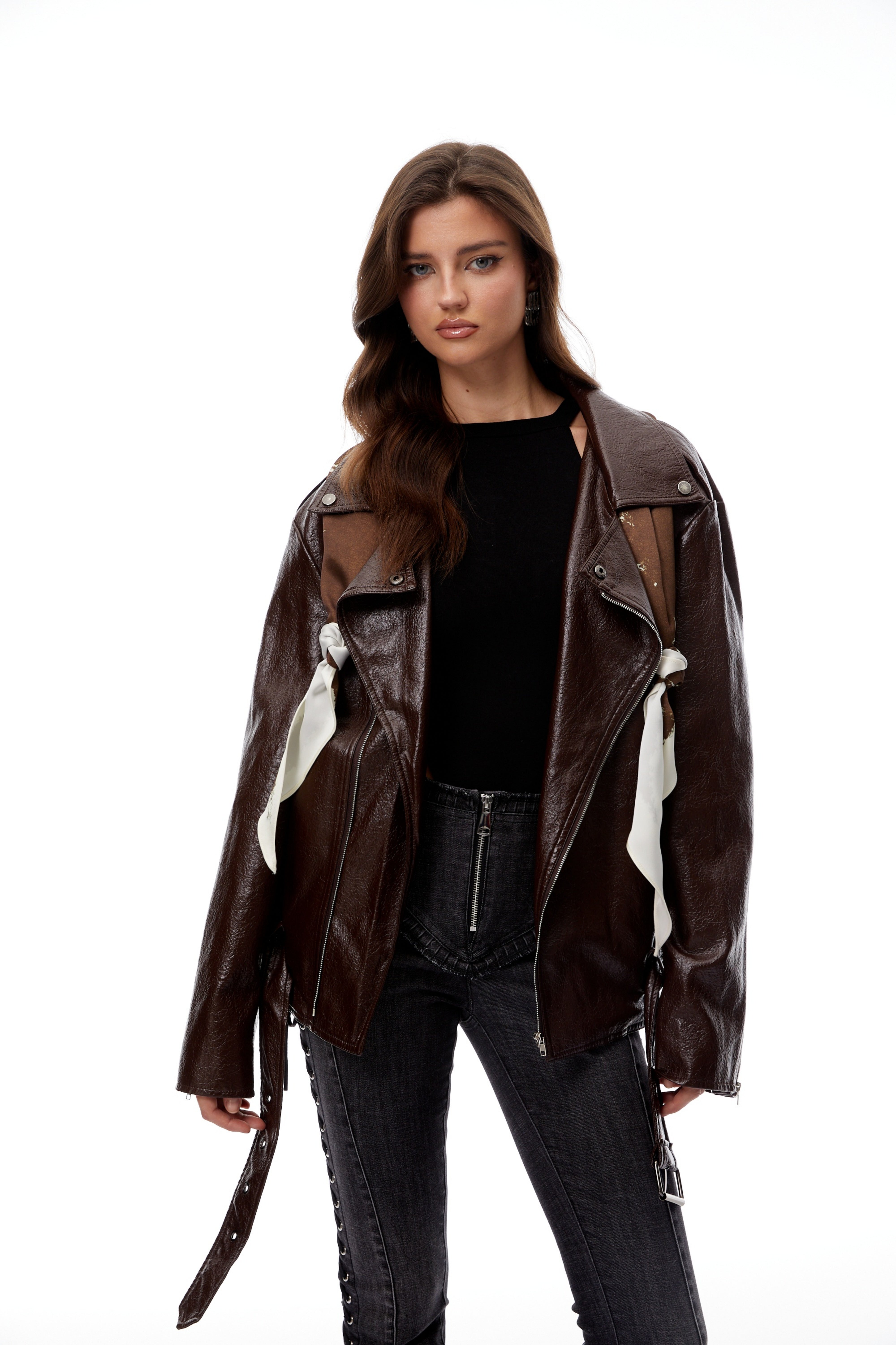 Briar Chestnut Scarf Detail Leather Jacket (Final Sale)