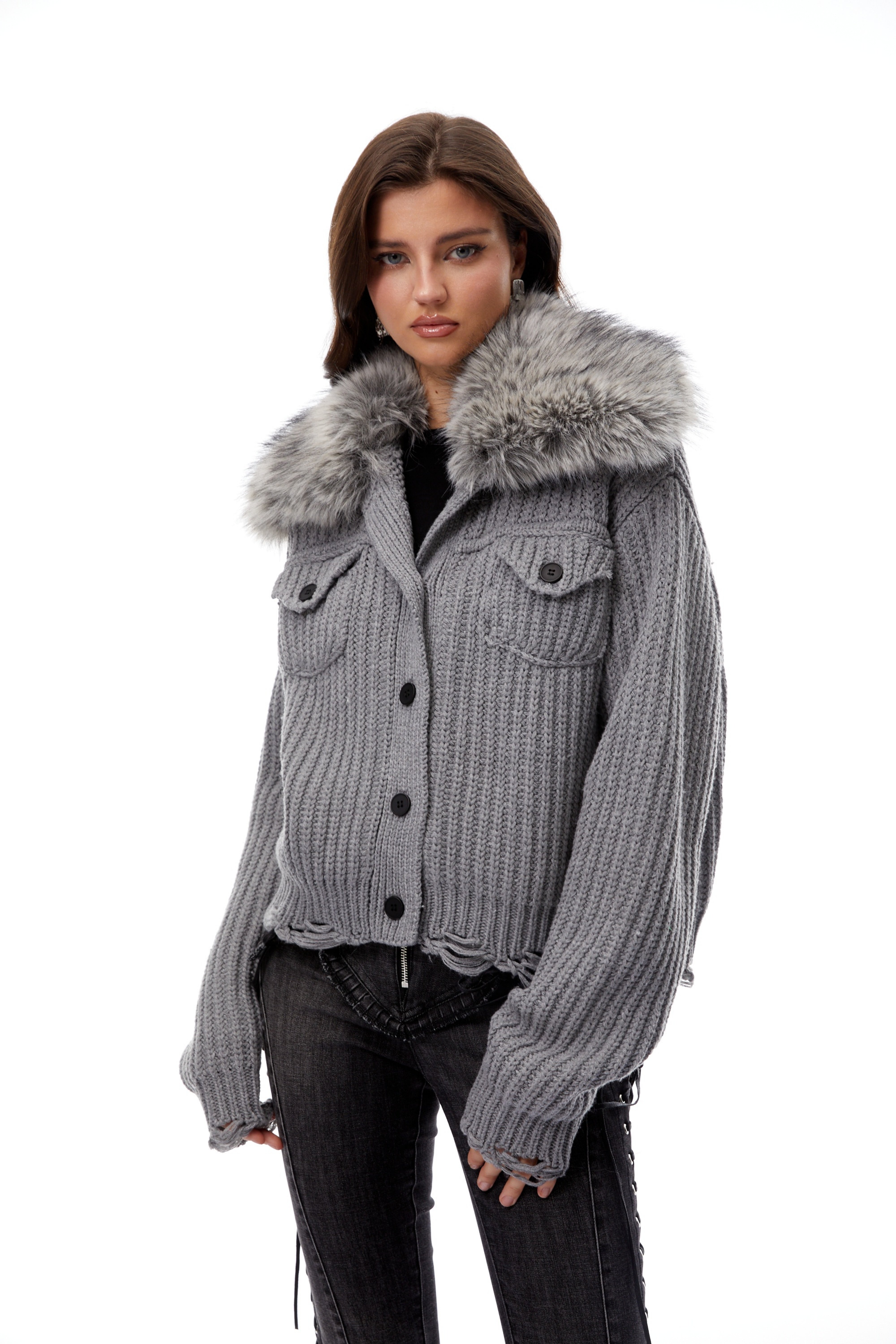 Wren Grey Fur Lapel Ribbed Knit Jacket