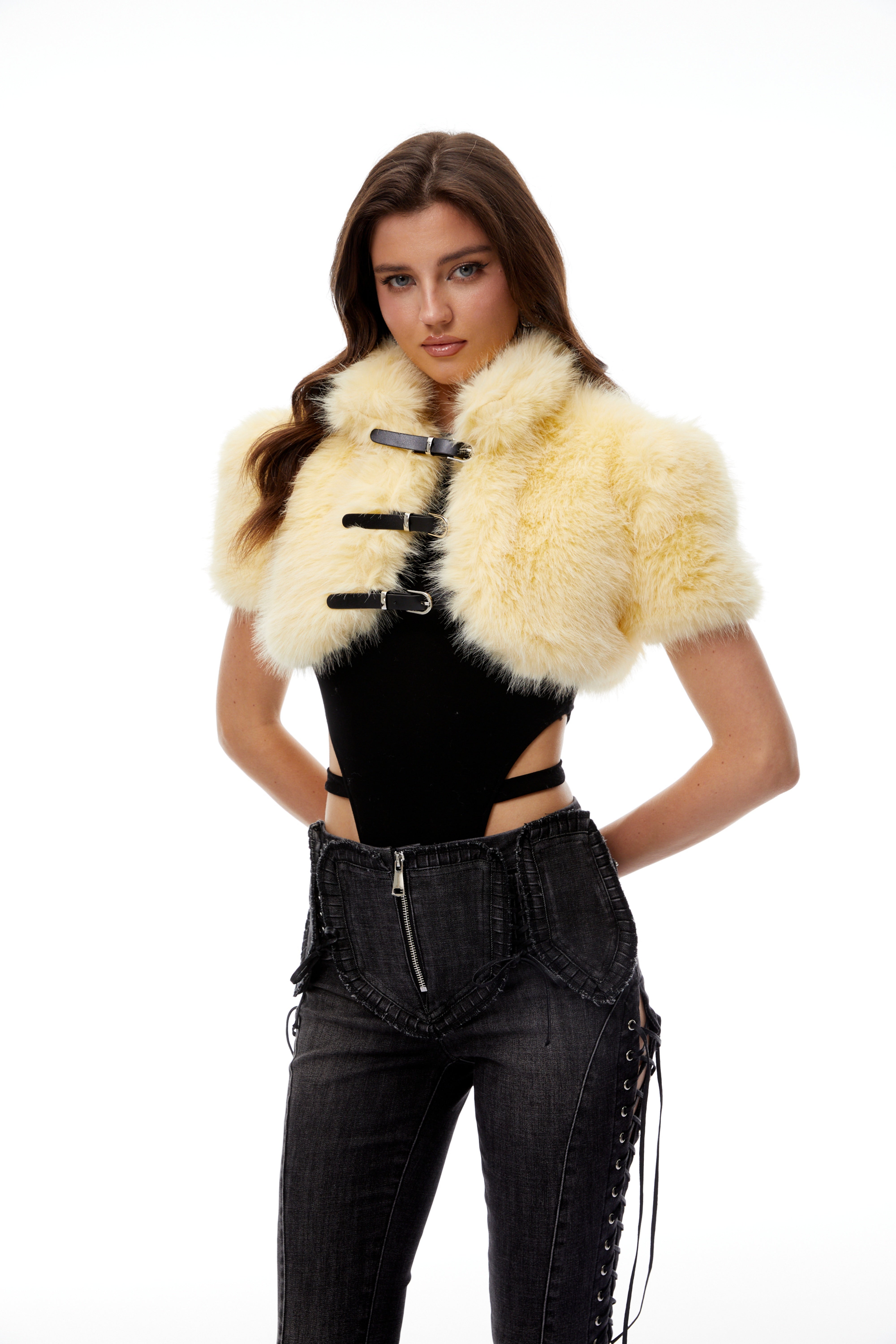 Susanna Yellow Faux Fur Buckle Up Shrug