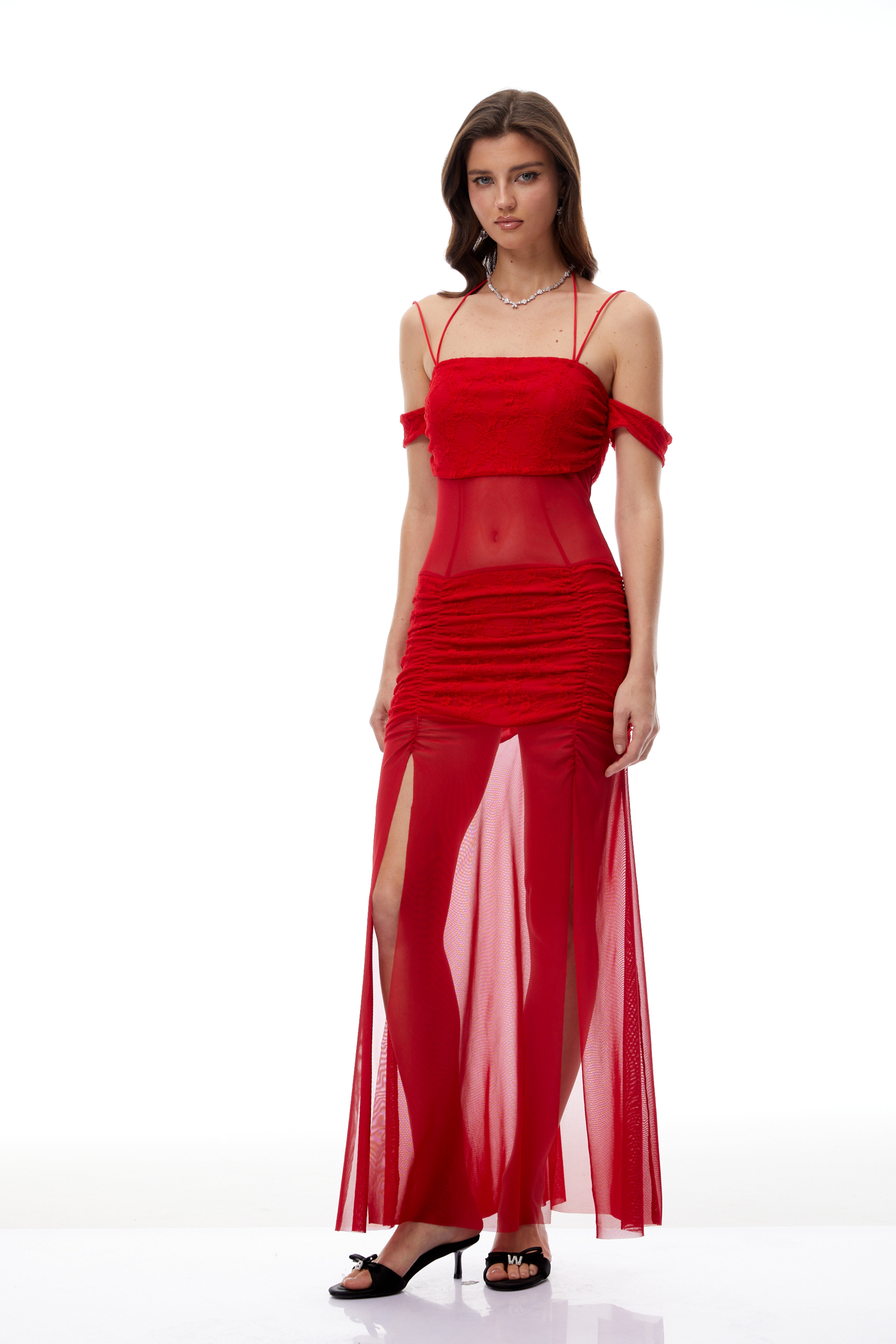 Tiril Red Ruched Lace Panel Meah Midi Dress (Final Sale)
