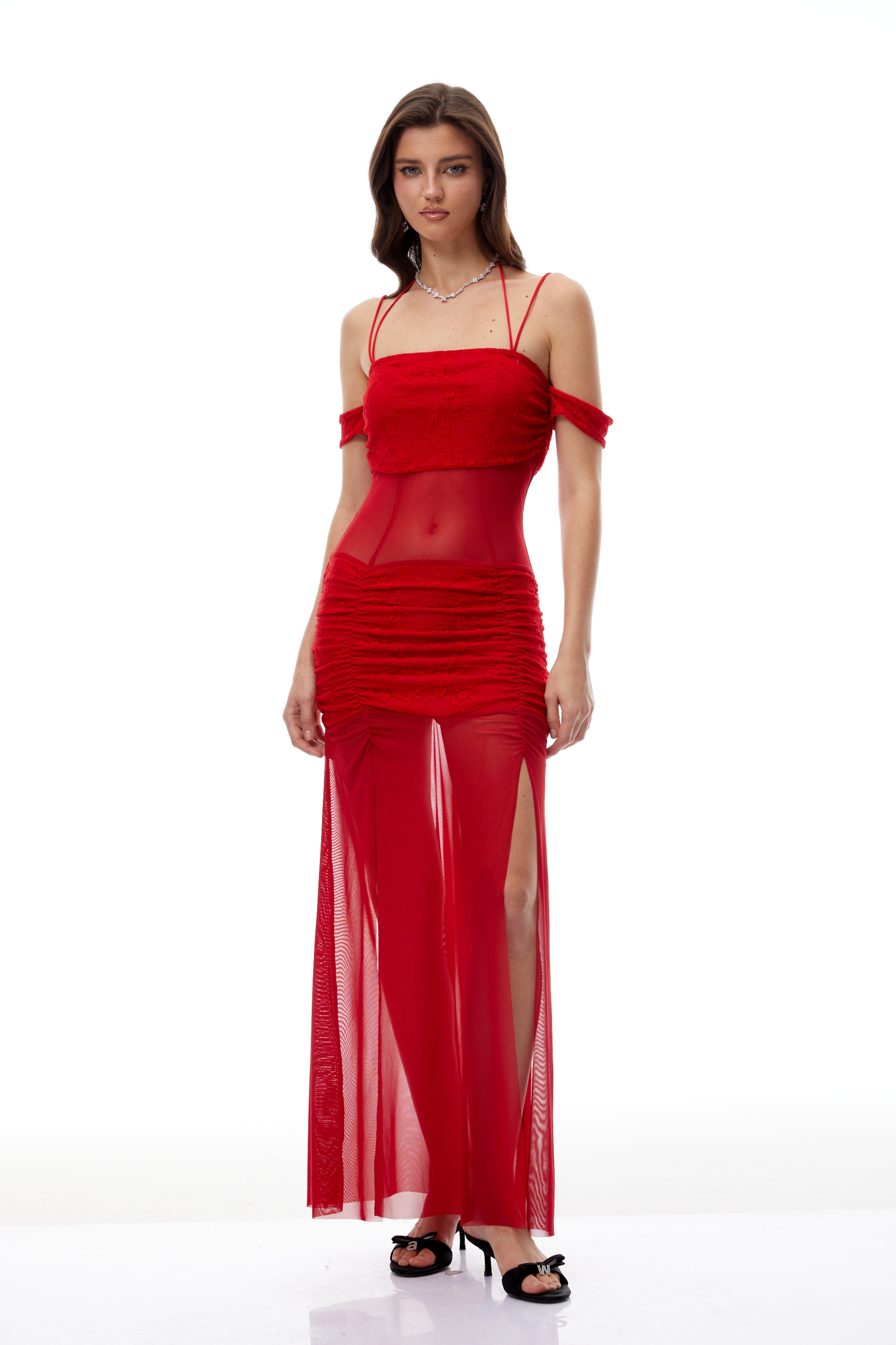 Tiril Red Ruched Lace Panel Meah Midi Dress