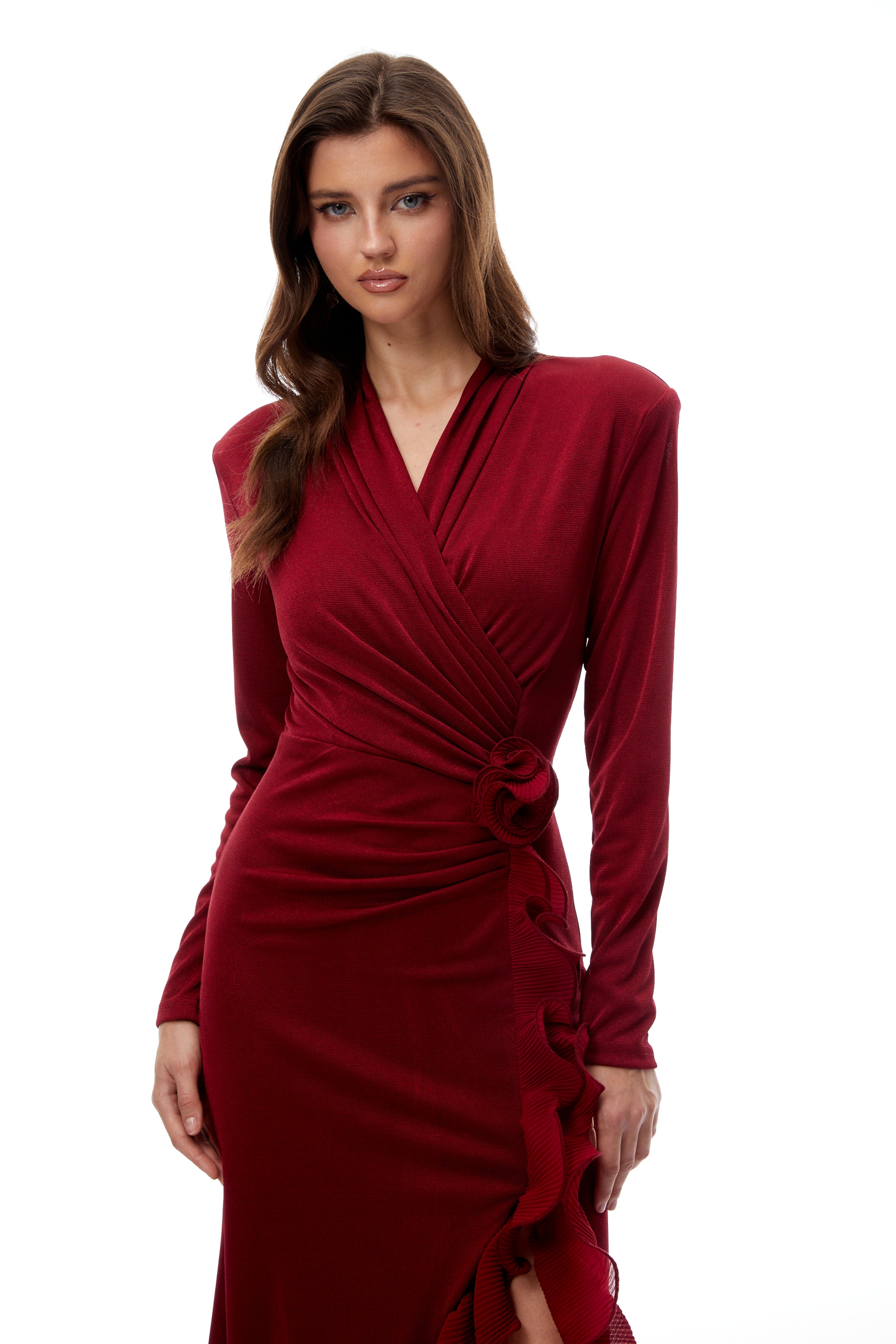 Synne Red Ruffled Gathered Knit Midi Dress