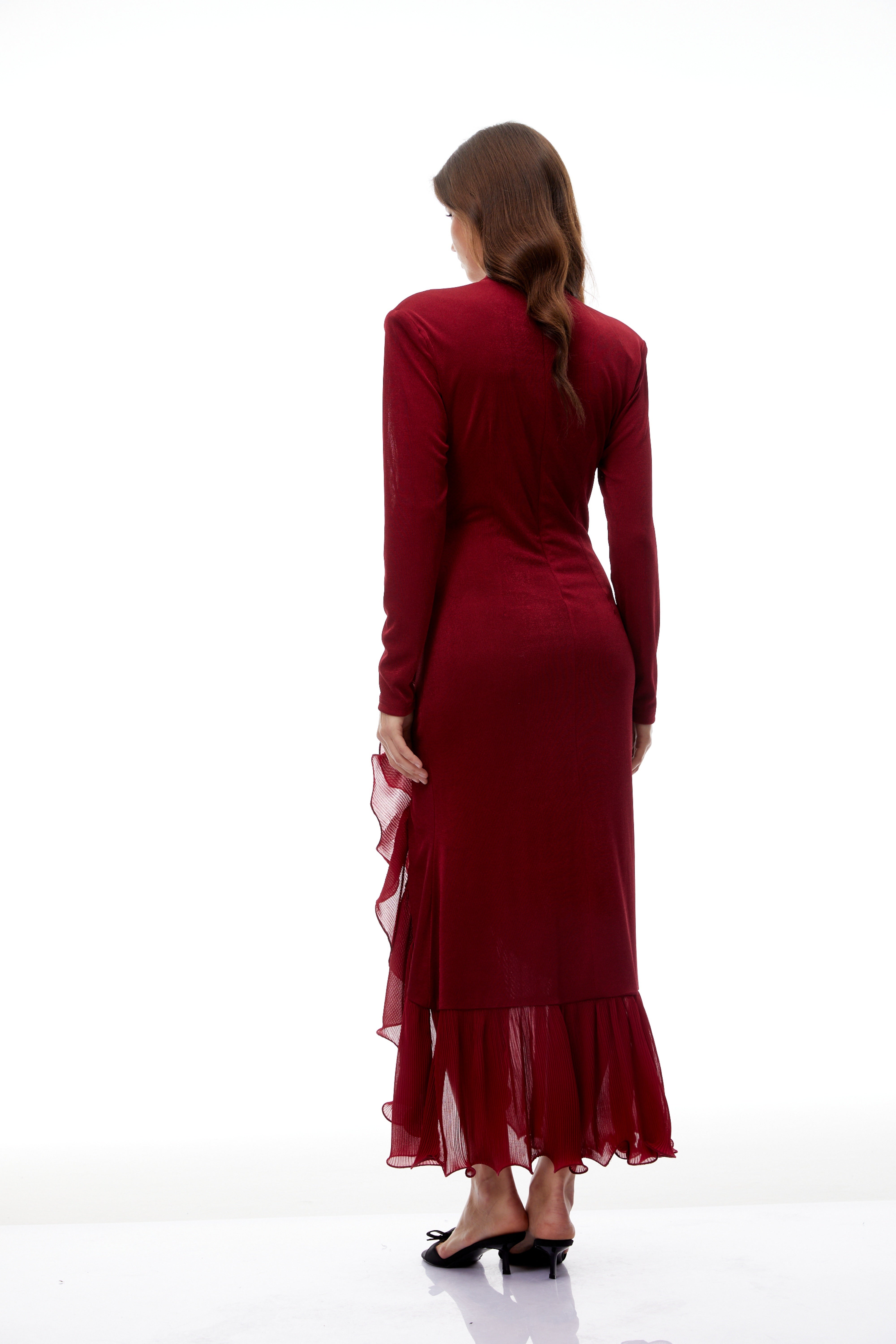 Synne Red Ruffled Gathered Knit Midi Dress