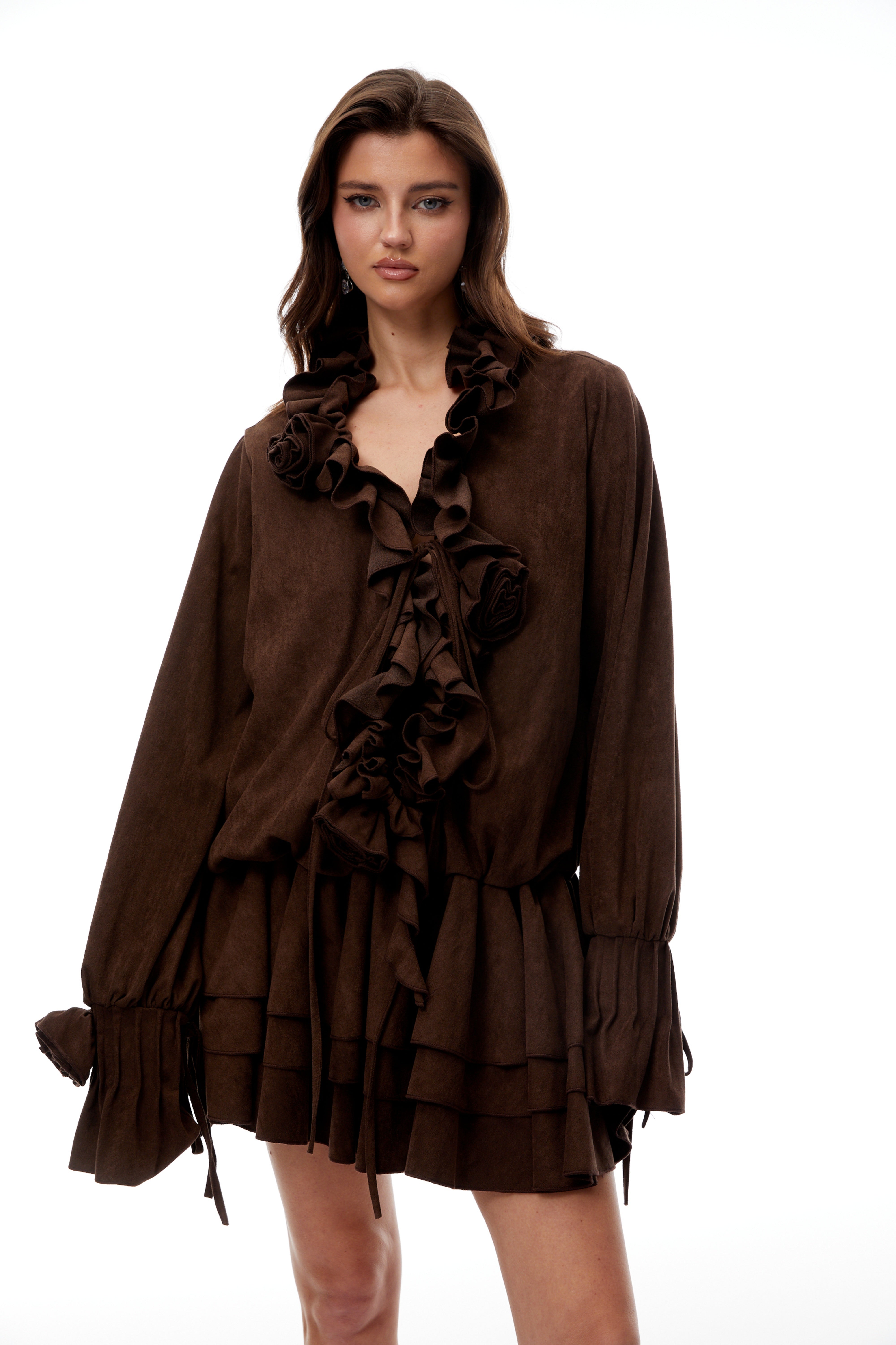 Zéphyrine Brown Floral Appliqué Tiered Suede Mini Dress