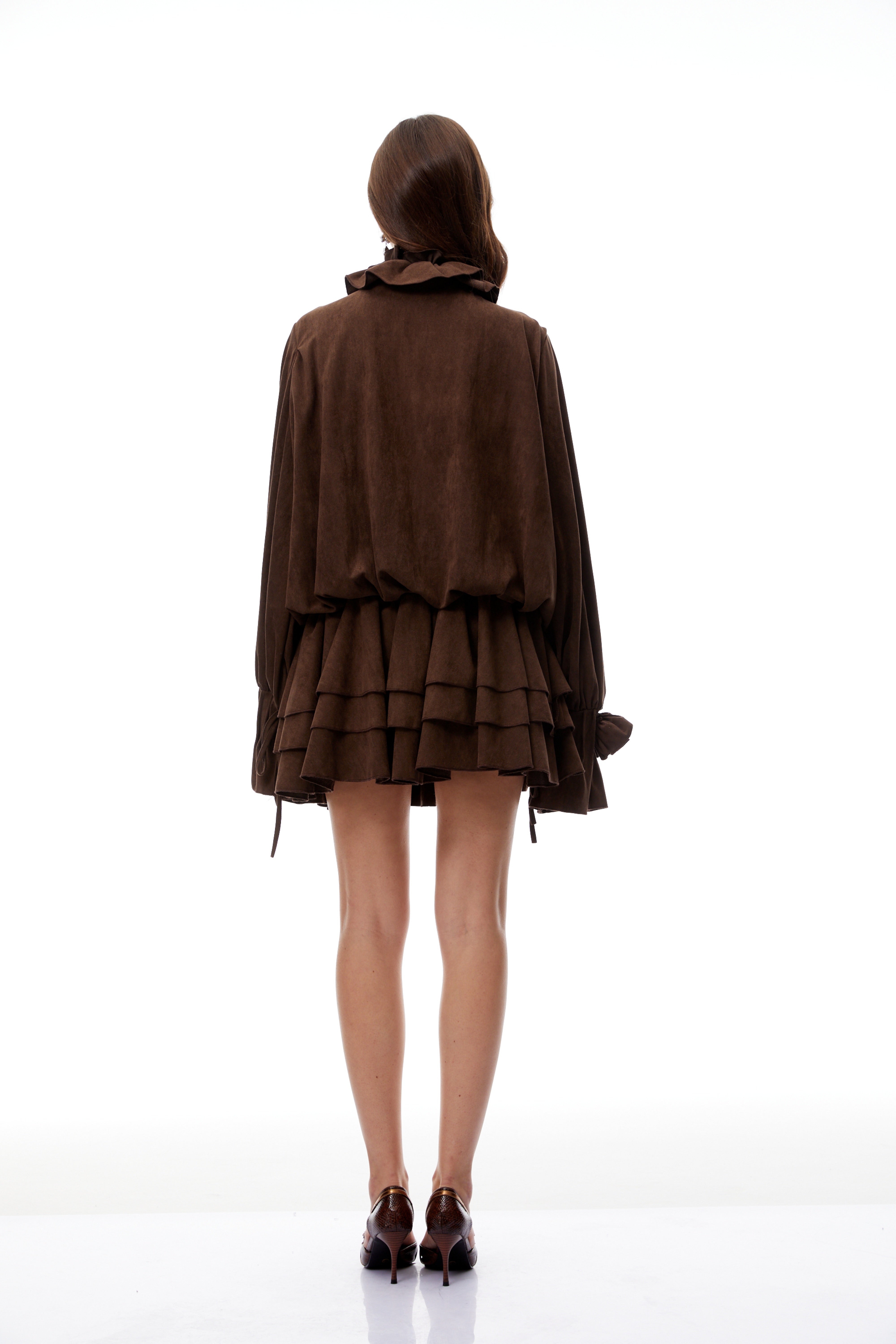 Zéphyrine Brown Floral Appliqué Tiered Suede Mini Dress