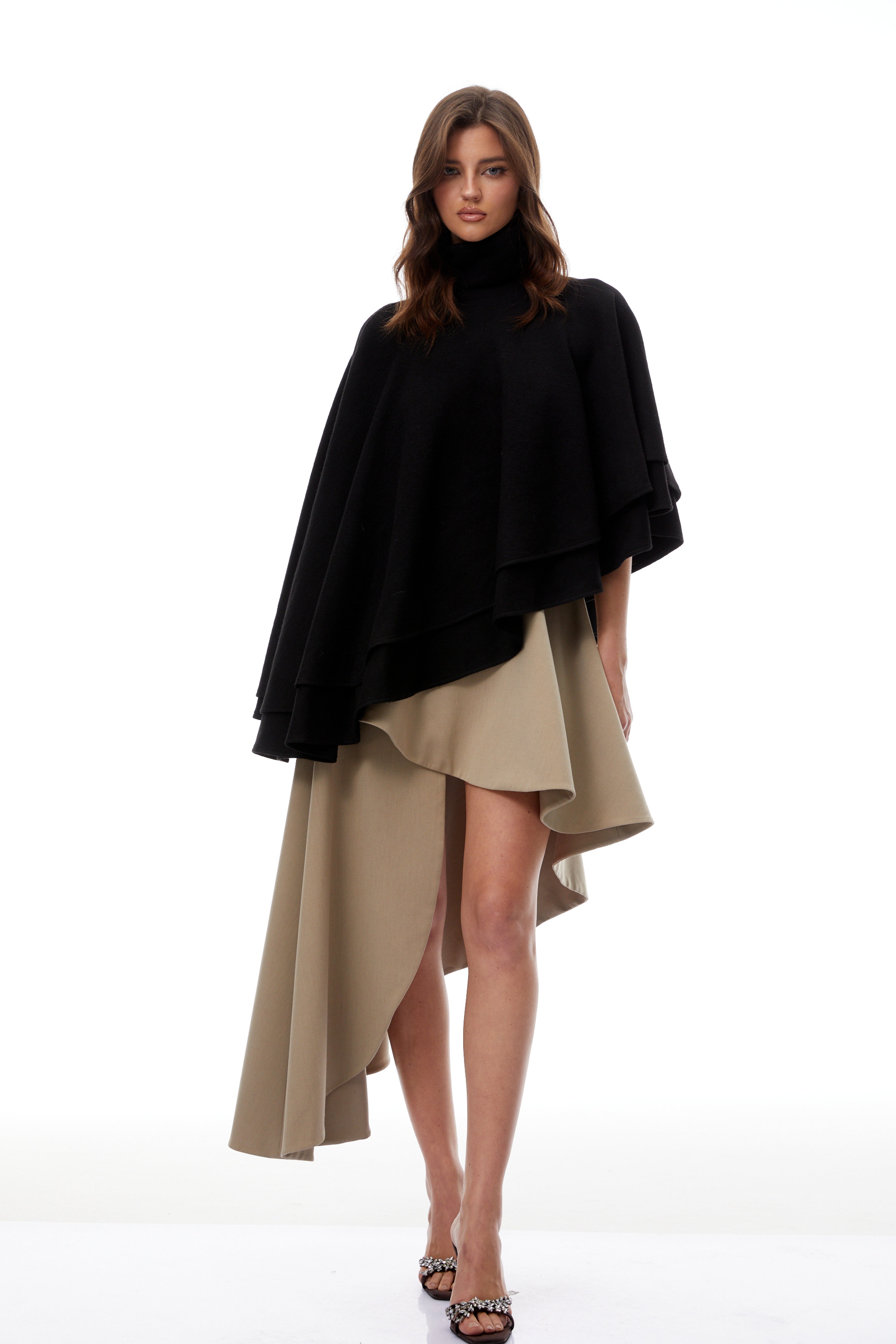 Filomena Black Layered Asymmetrical Knit Cape Top (Final Sale)