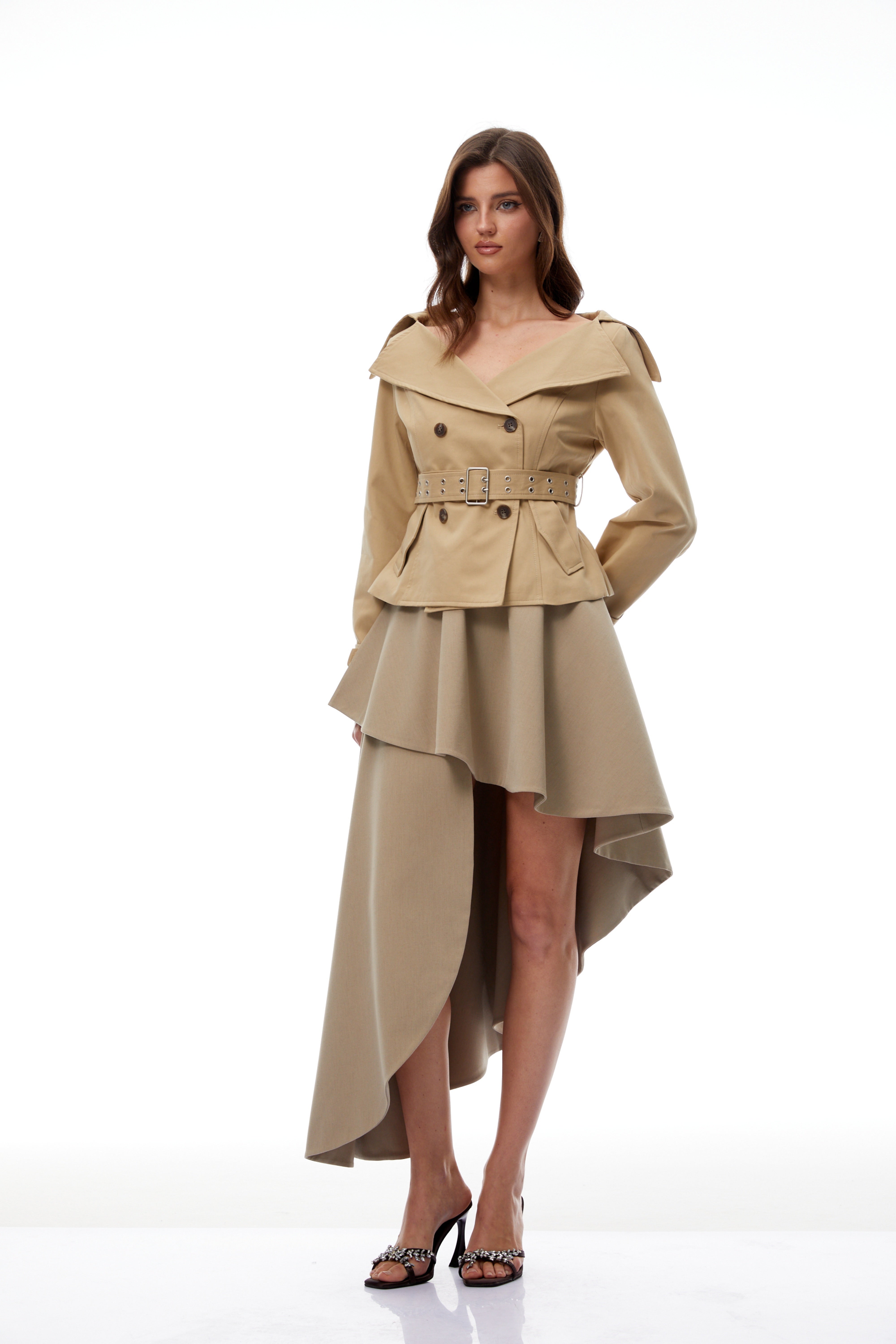 Kayla Khaki Double-Breasted Short Trench Coat