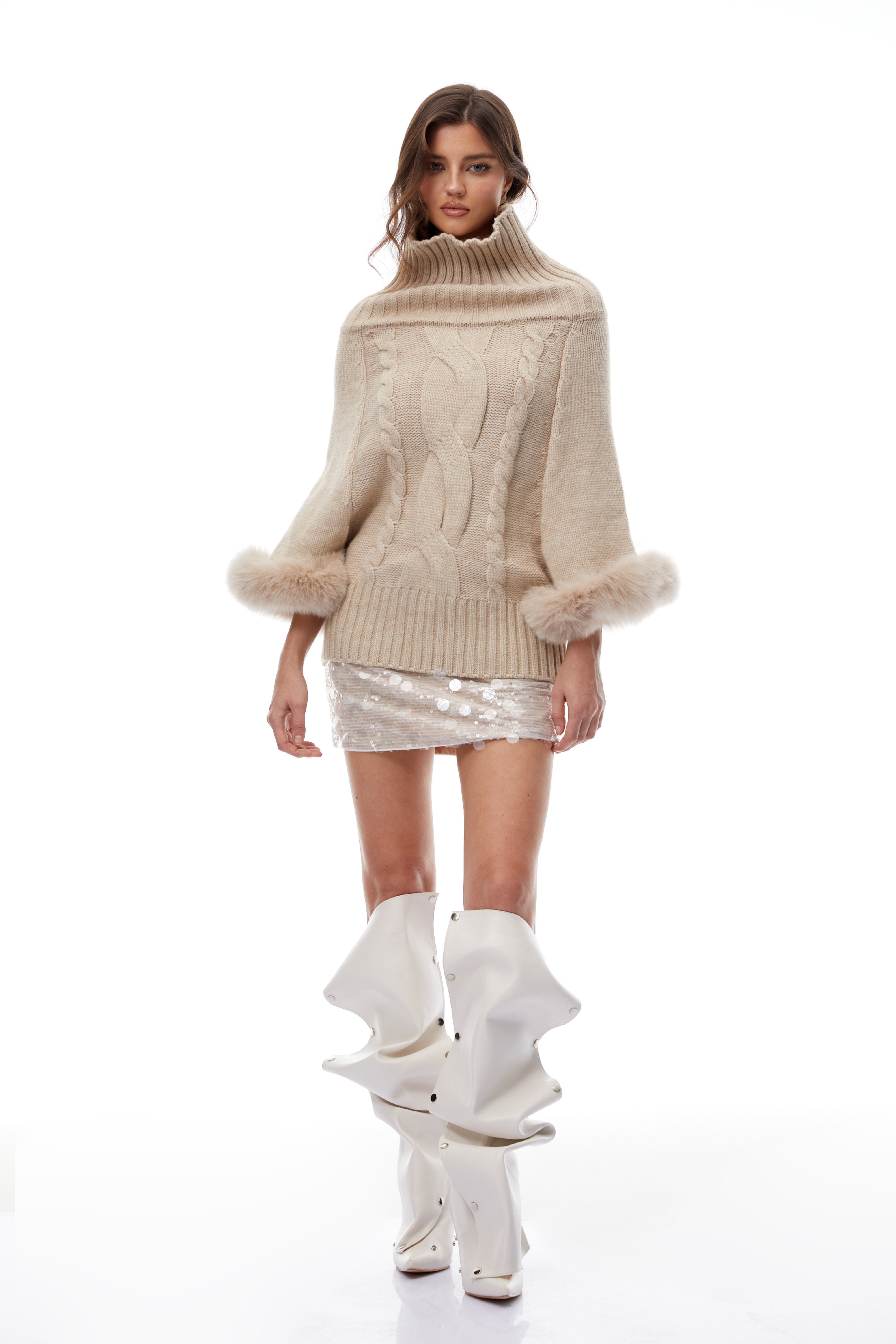 Layla Neutral Fur Trim Cable Knit Sweater