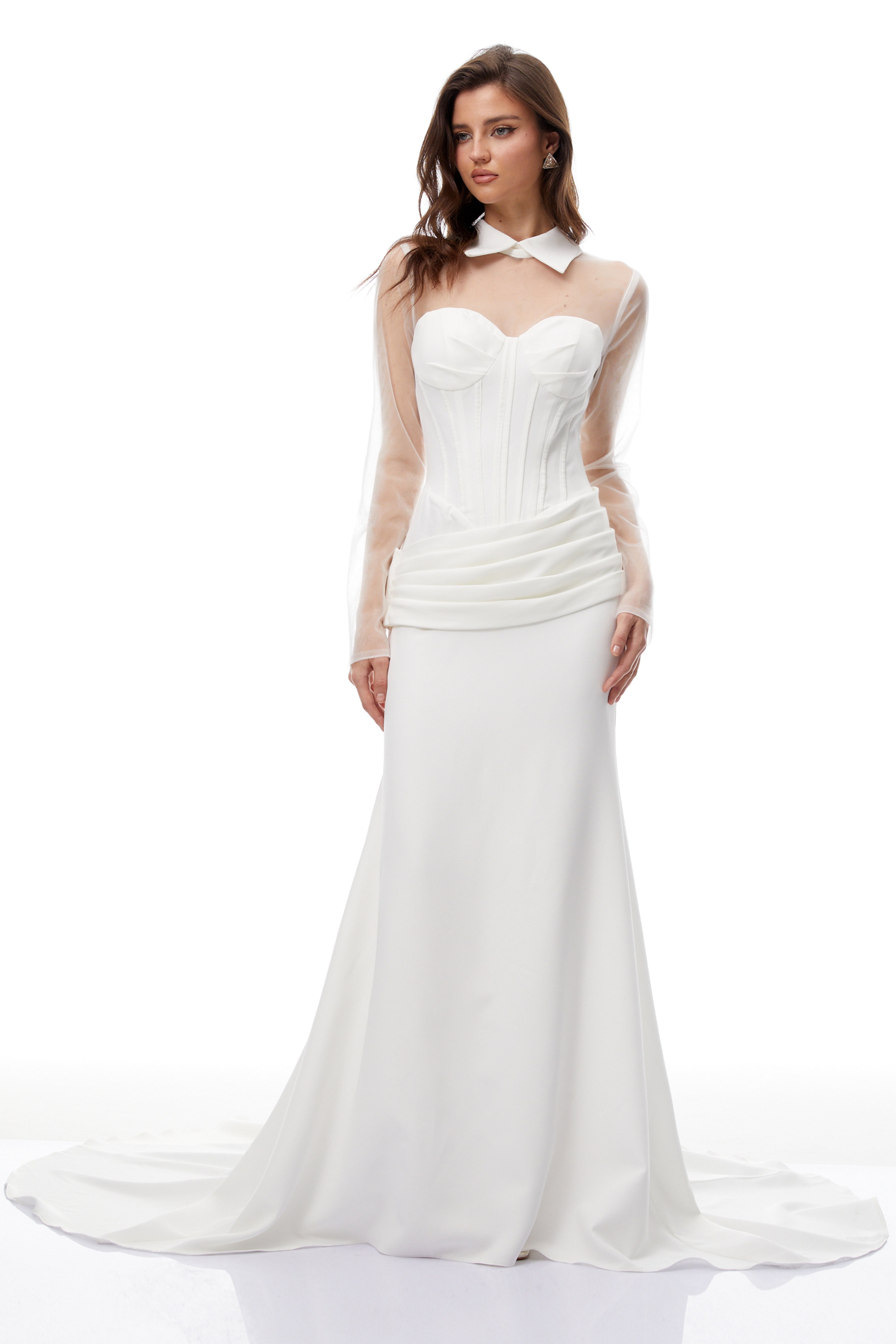 Ivana White Train Design Corset Maxi Dress