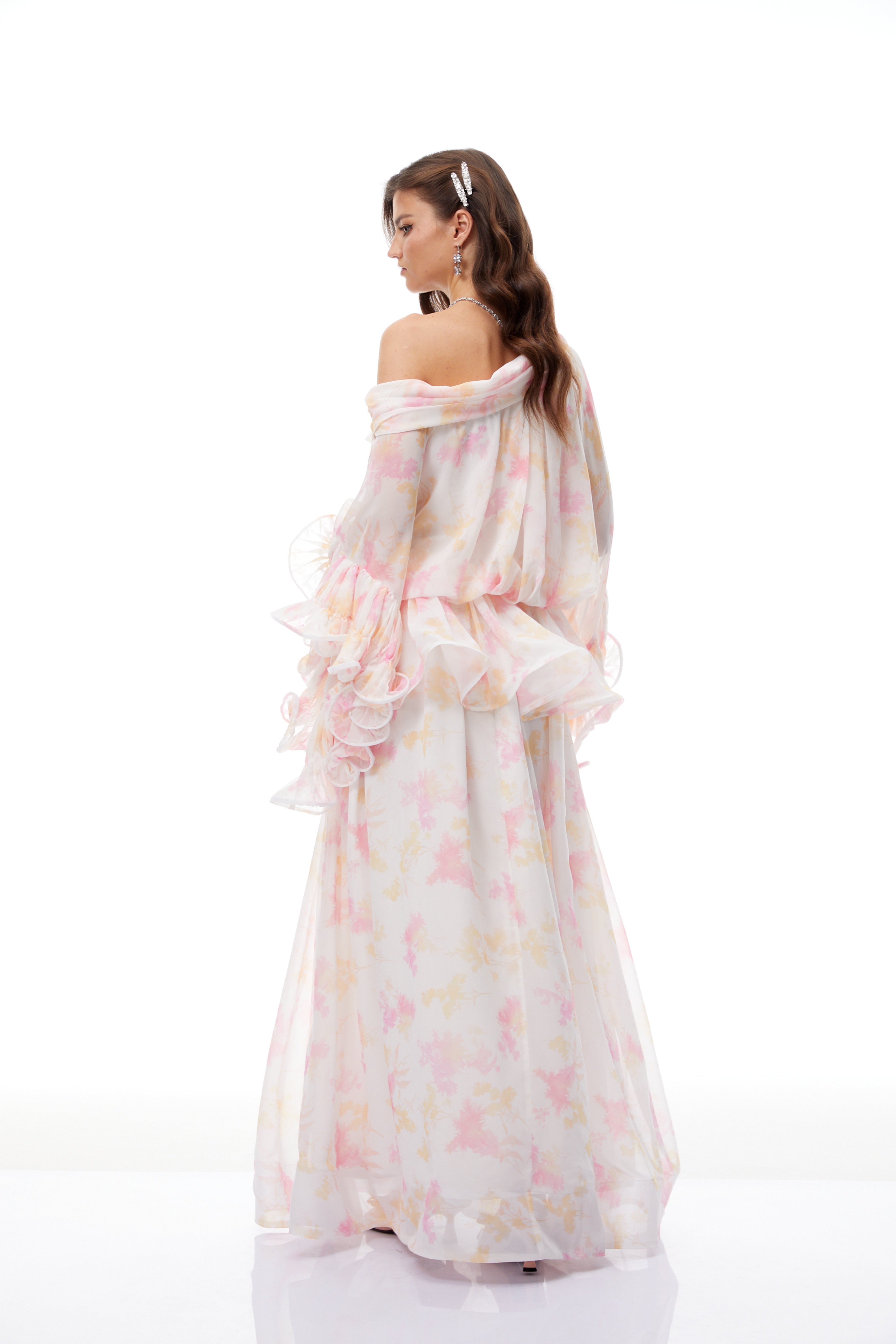 Rolf White Floral Print Ruffled Maxi Dress