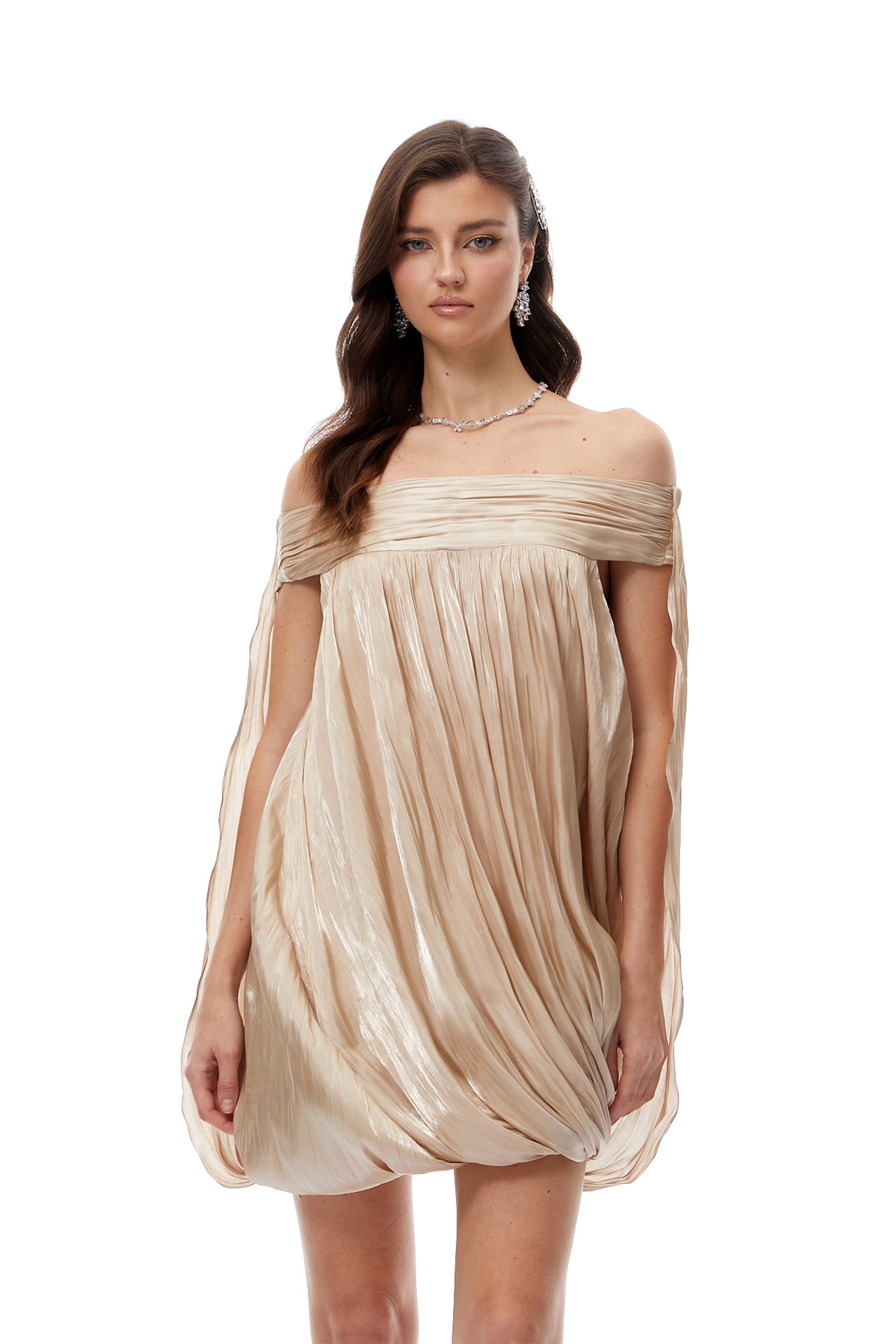 Anastasia Neutral Draped Glossy Mini Dress (Final Sale-US Only)