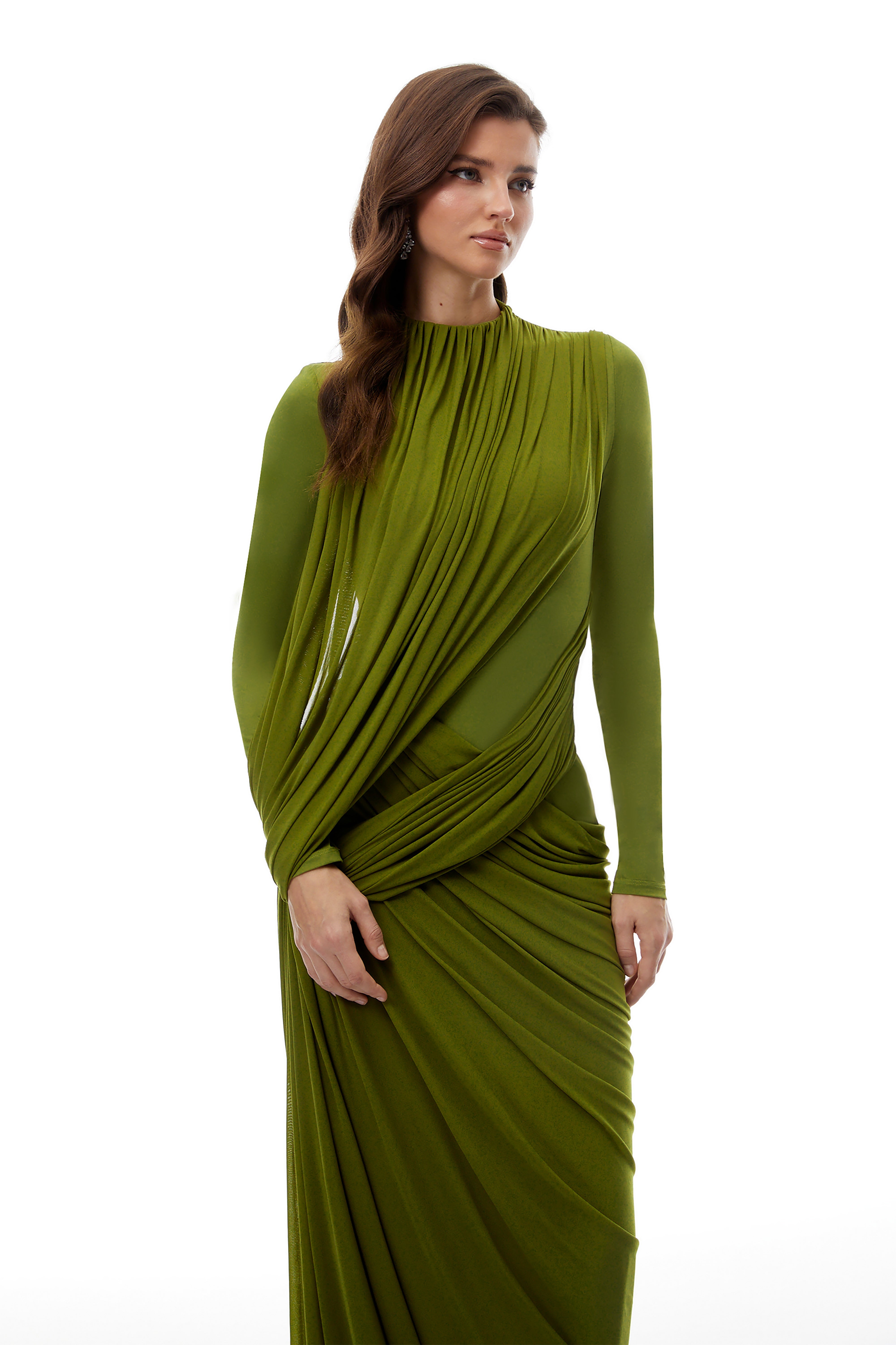 Arlette Green Asymmetrical Ruched Maxi Dress