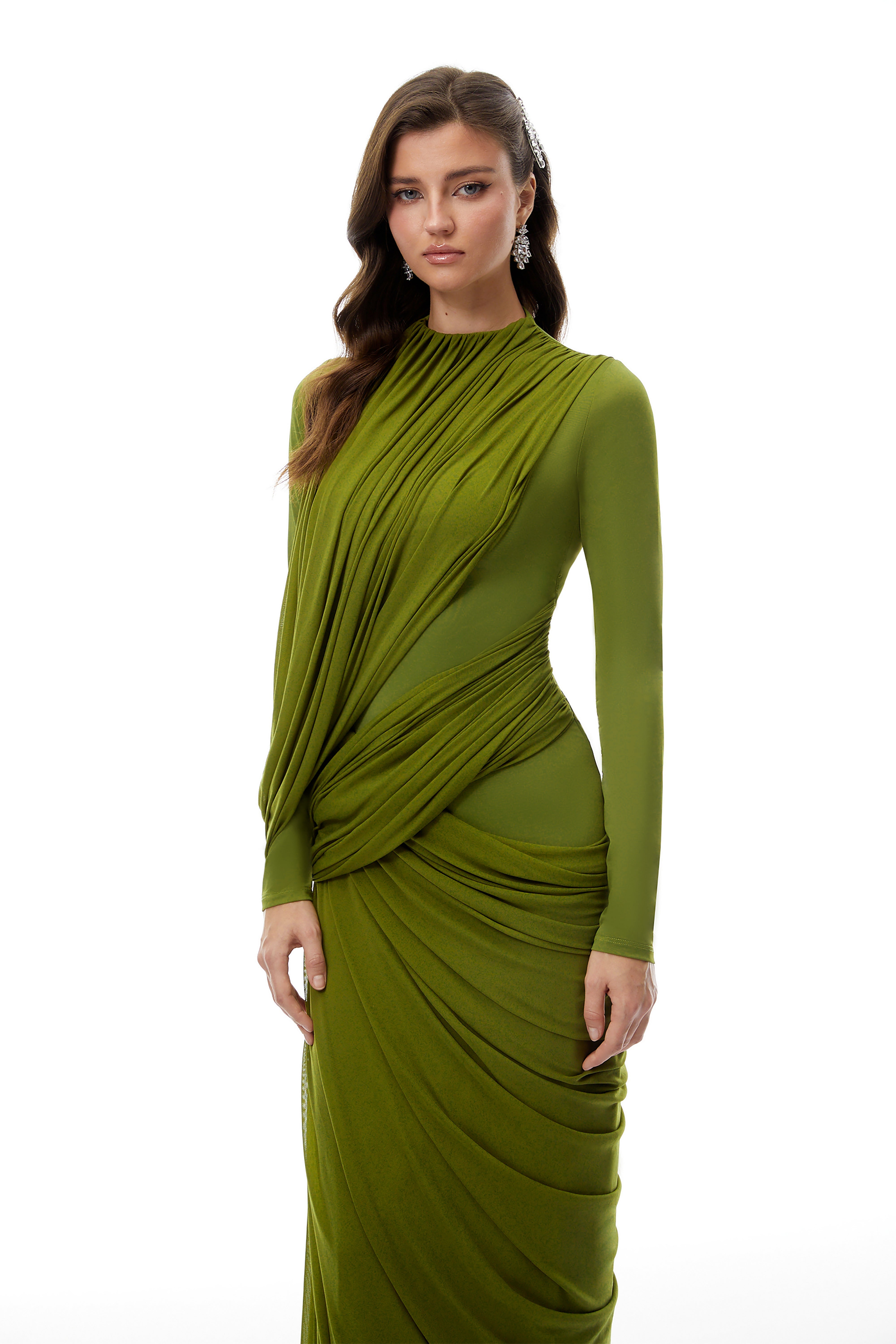 Arlette Green Asymmetrical Ruched Maxi Dress (Final Sale-US Only)