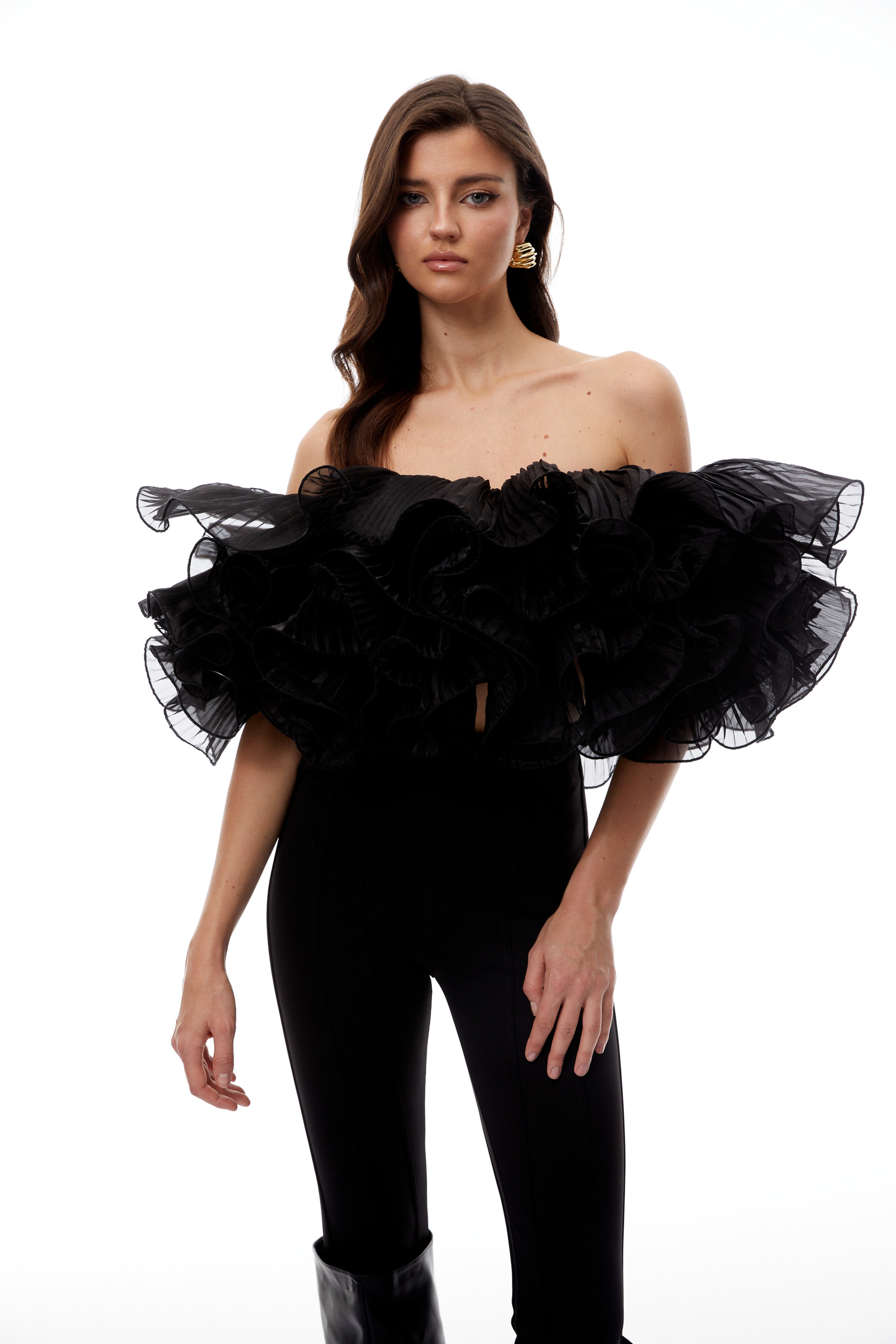 Inger Black Pleated Ruffled Organza Top