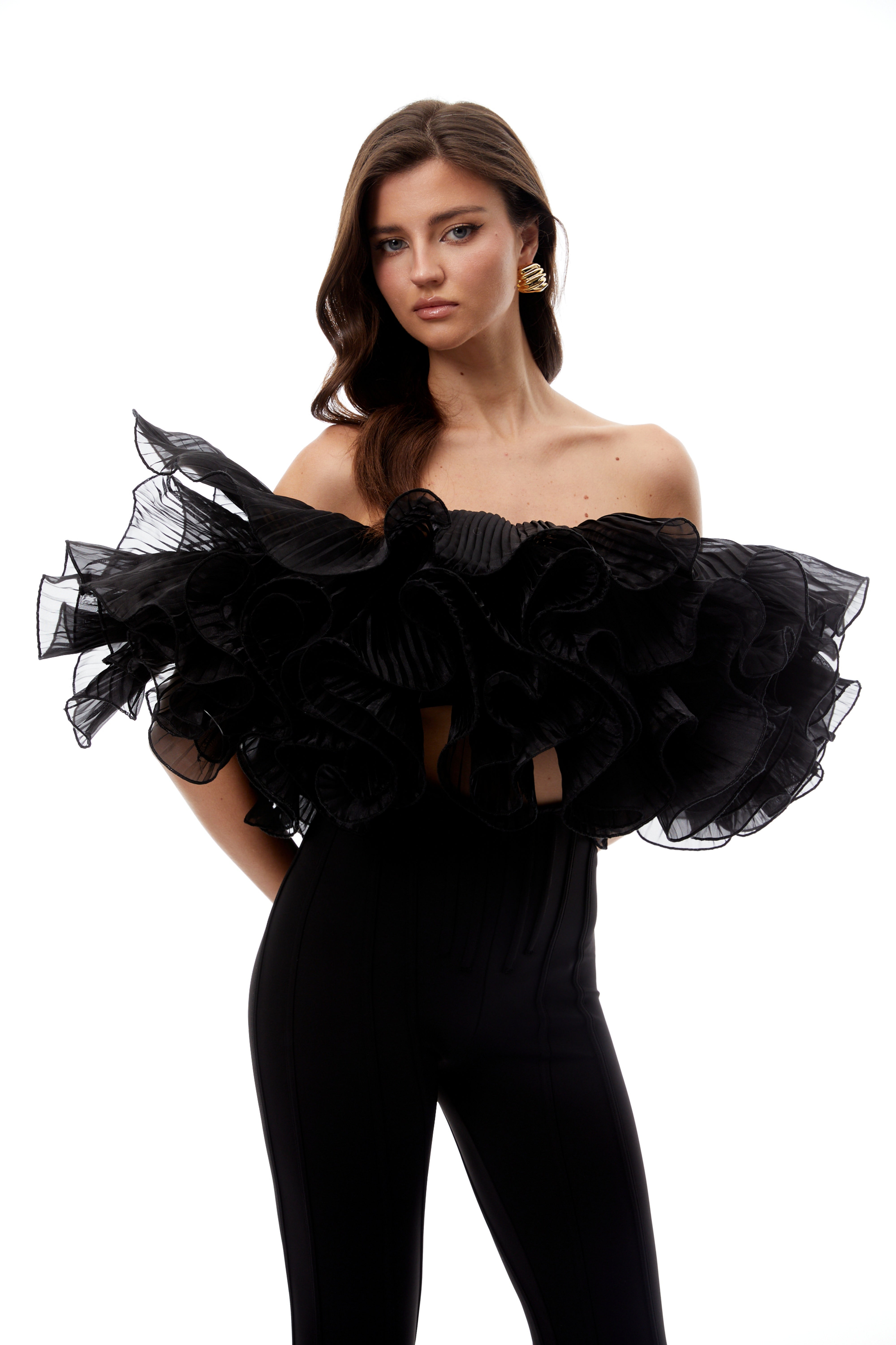 Inger Black Pleated Ruffled Organza Top