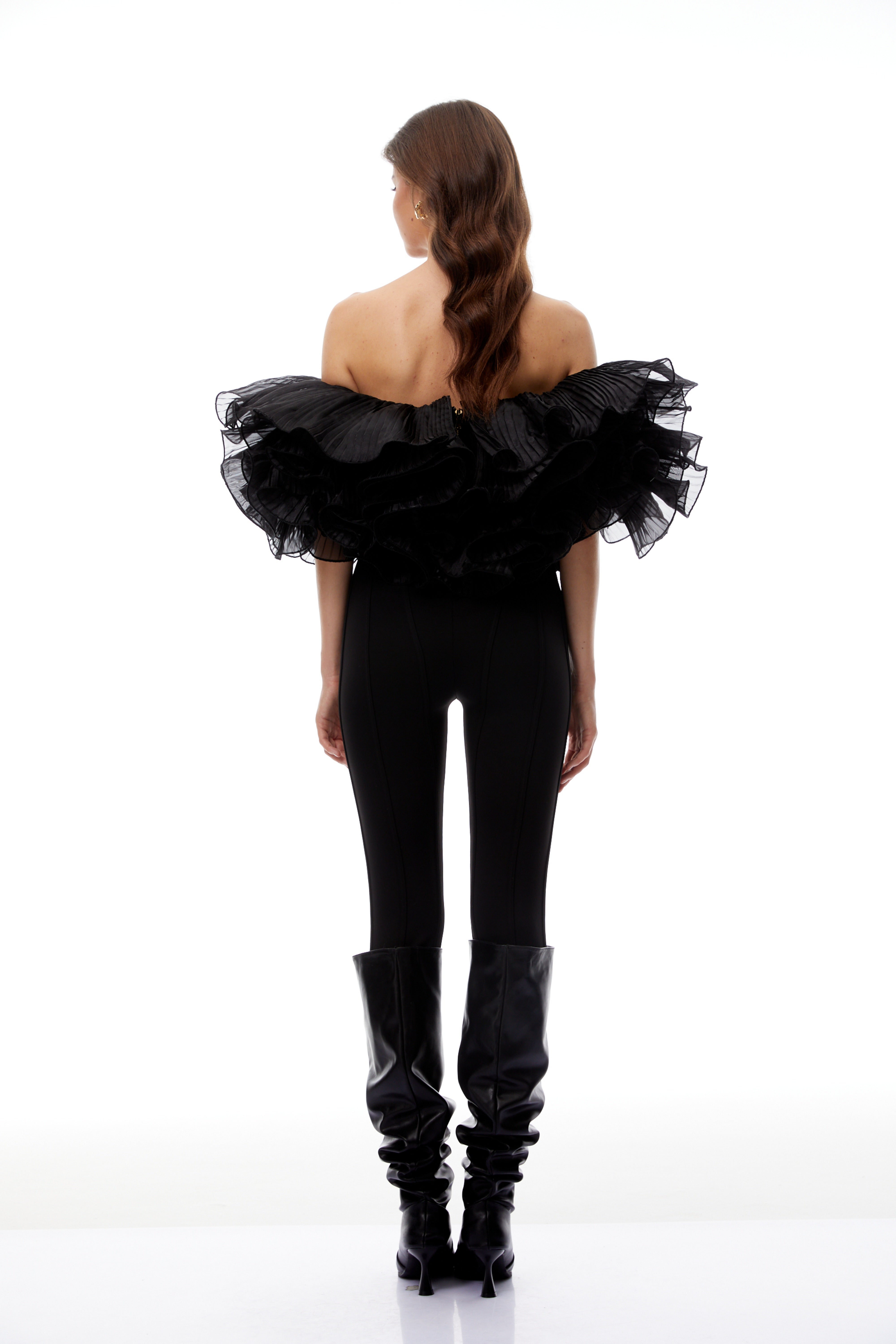 Inger Black Pleated Ruffled Organza Top