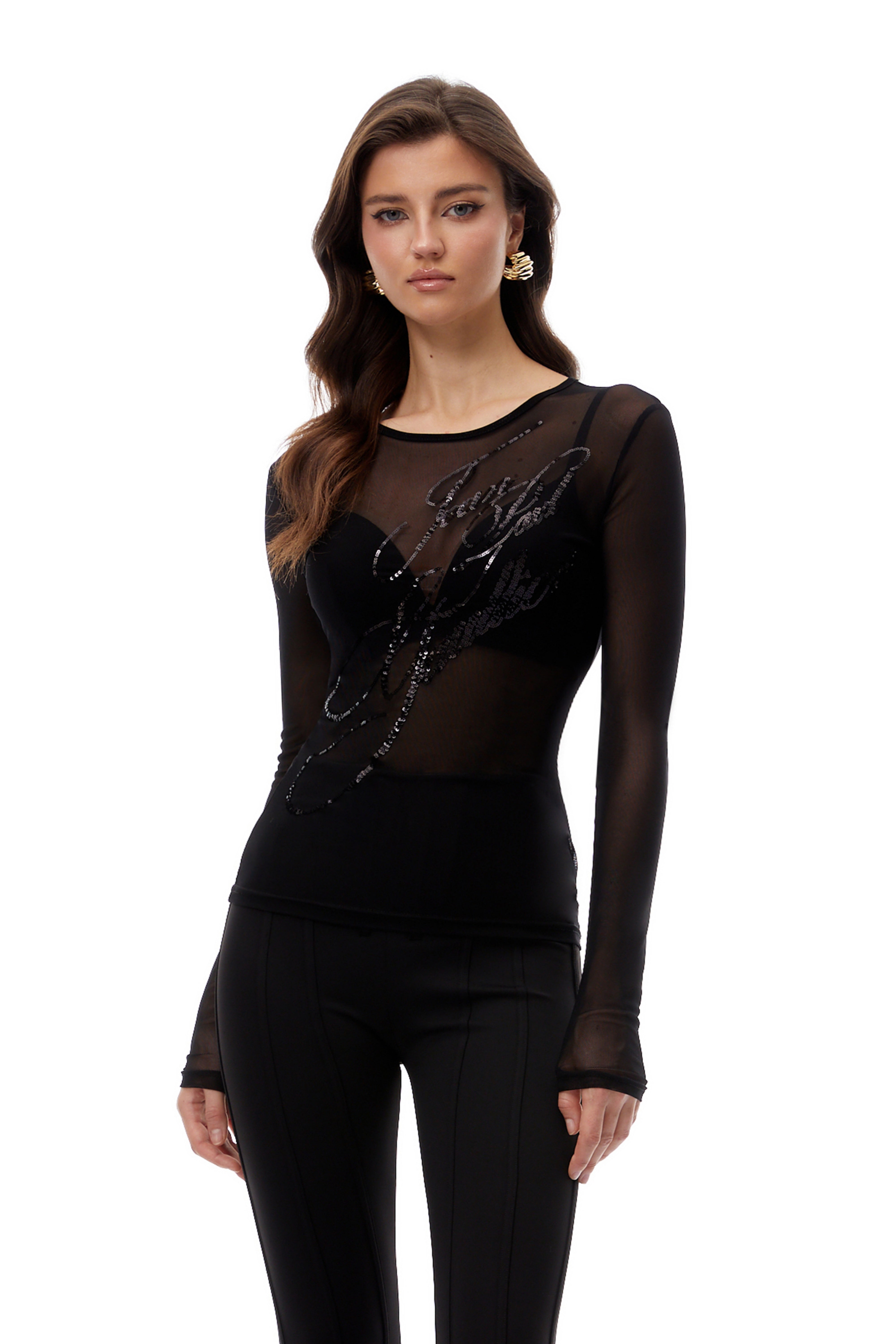 Apolline Black Sequined Sheer Mesh Blouse