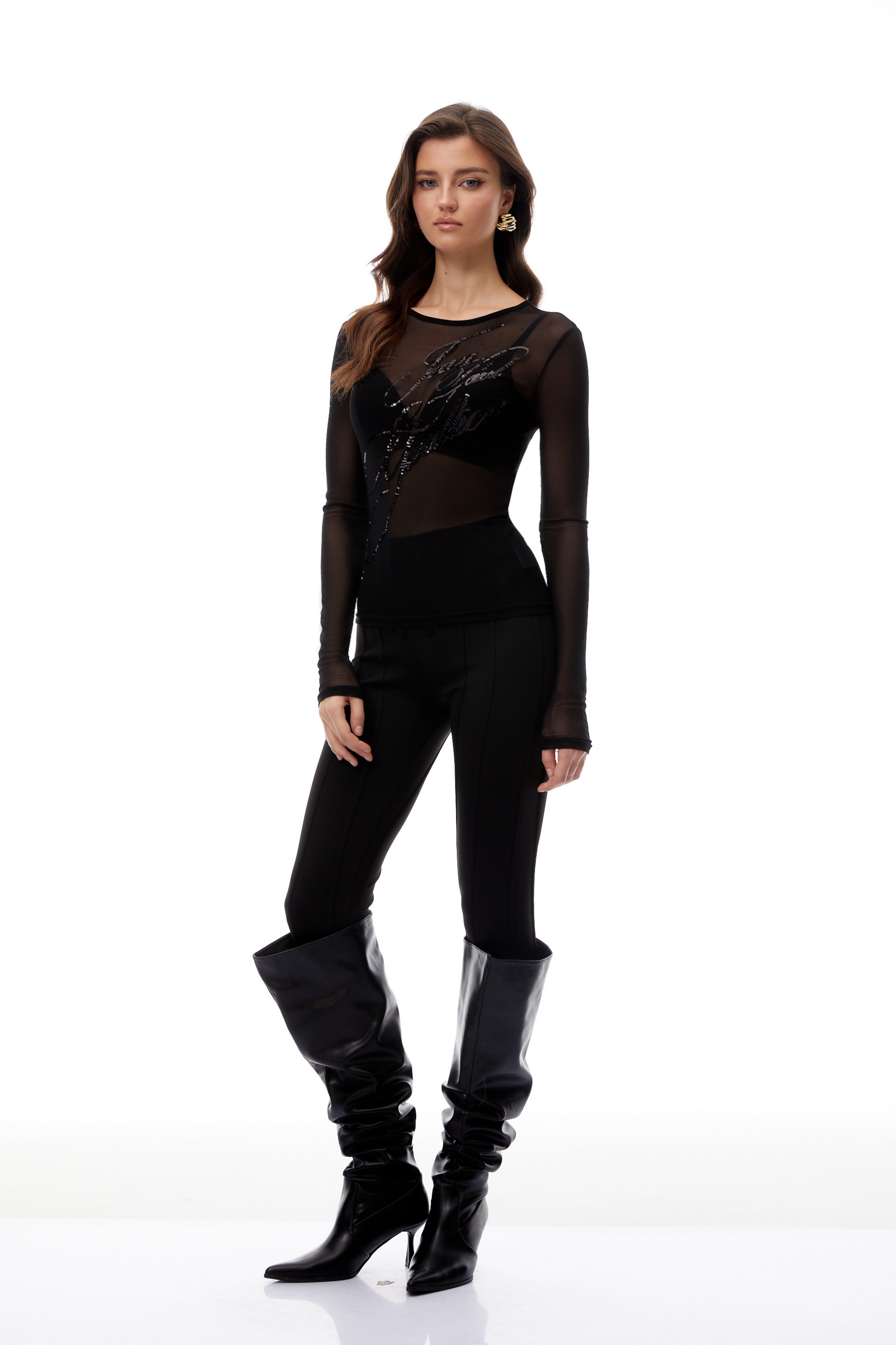 Apolline Black Sequined Sheer Mesh Blouse