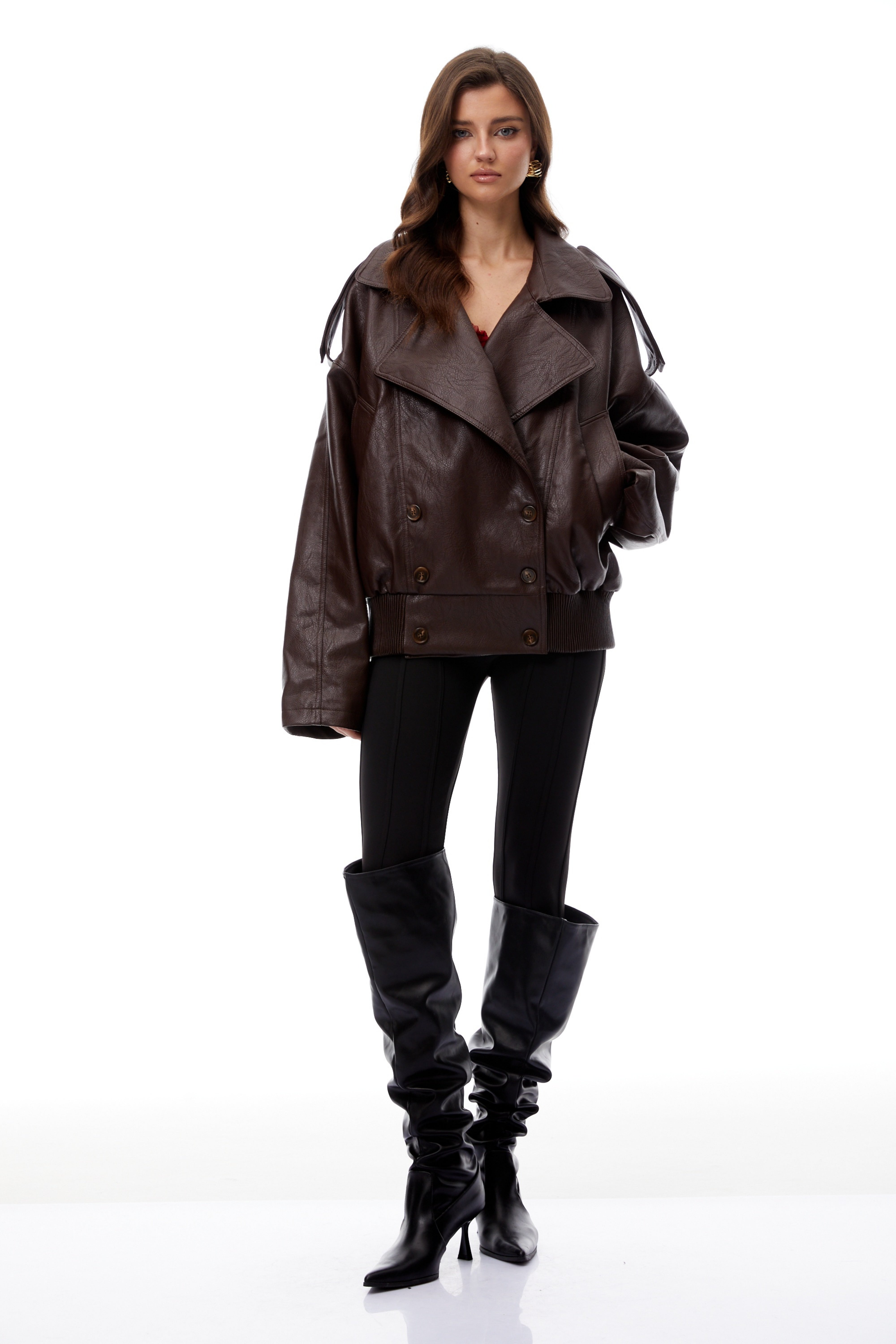 Patrizia Brown Double-Breasted Leather Biker Jacket