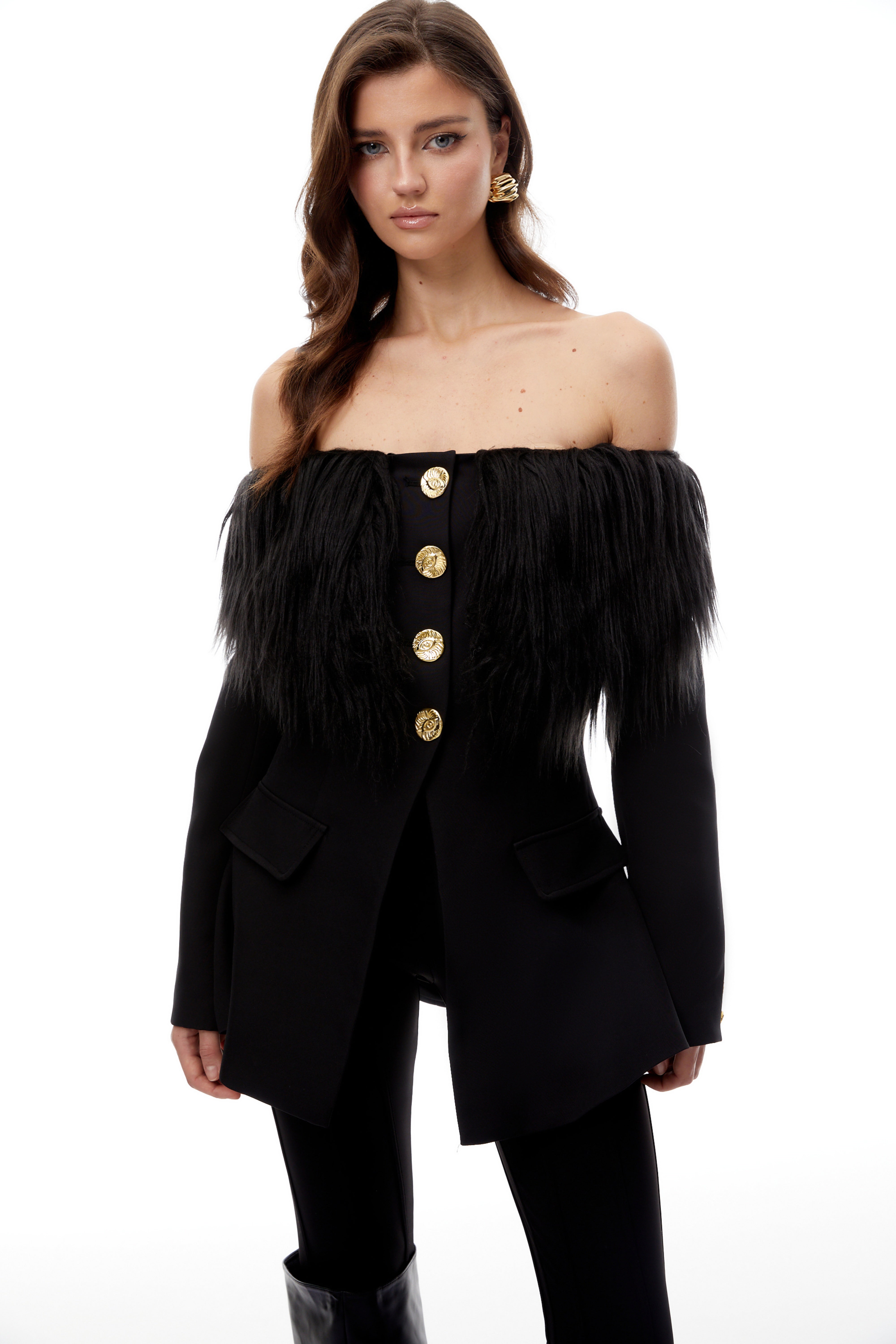 Nelly Black Off Shoulder Fur Trim Blazer
