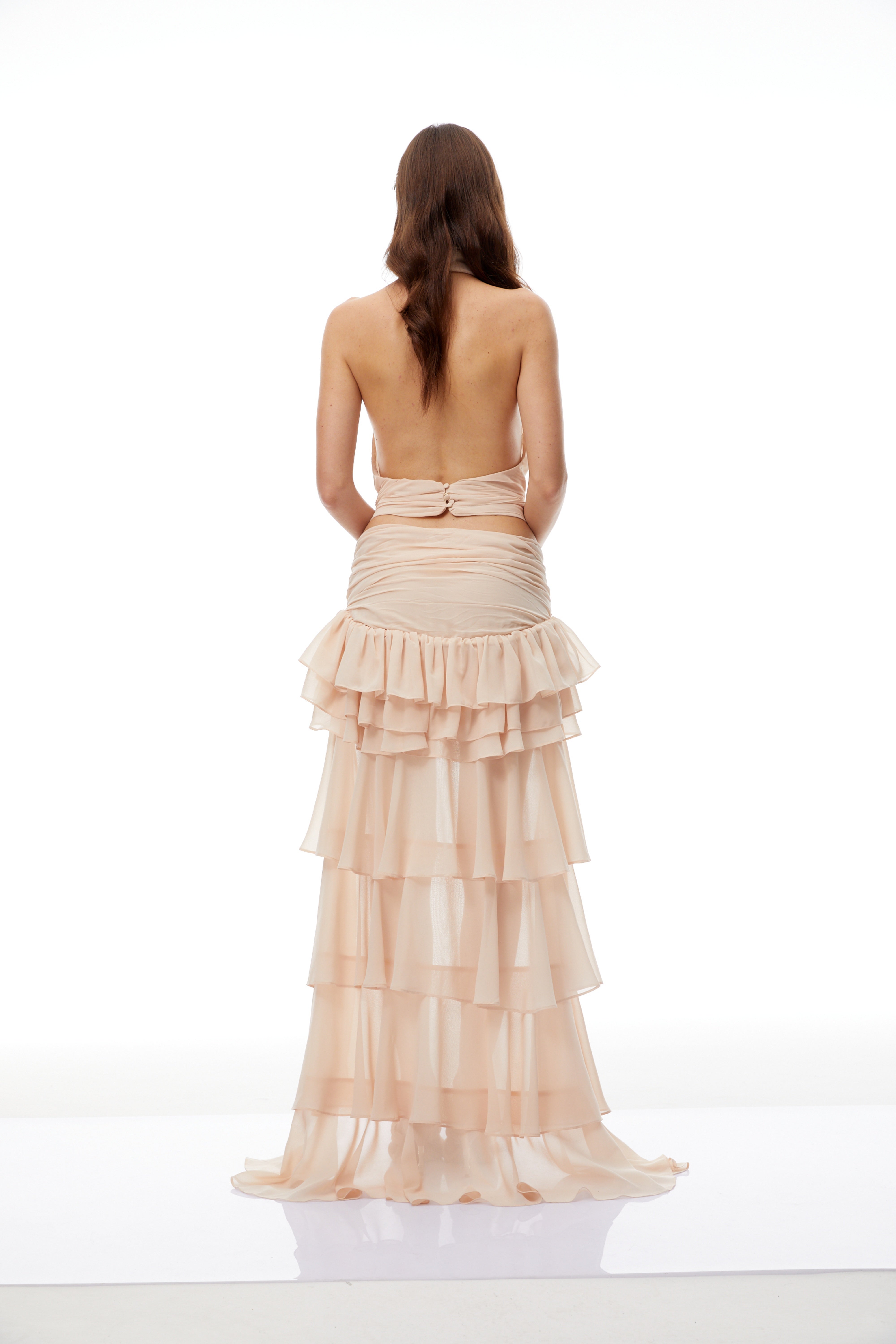 Raelynn Neutral Ruched Chiffon Top & Skirt Set (Final Sale)