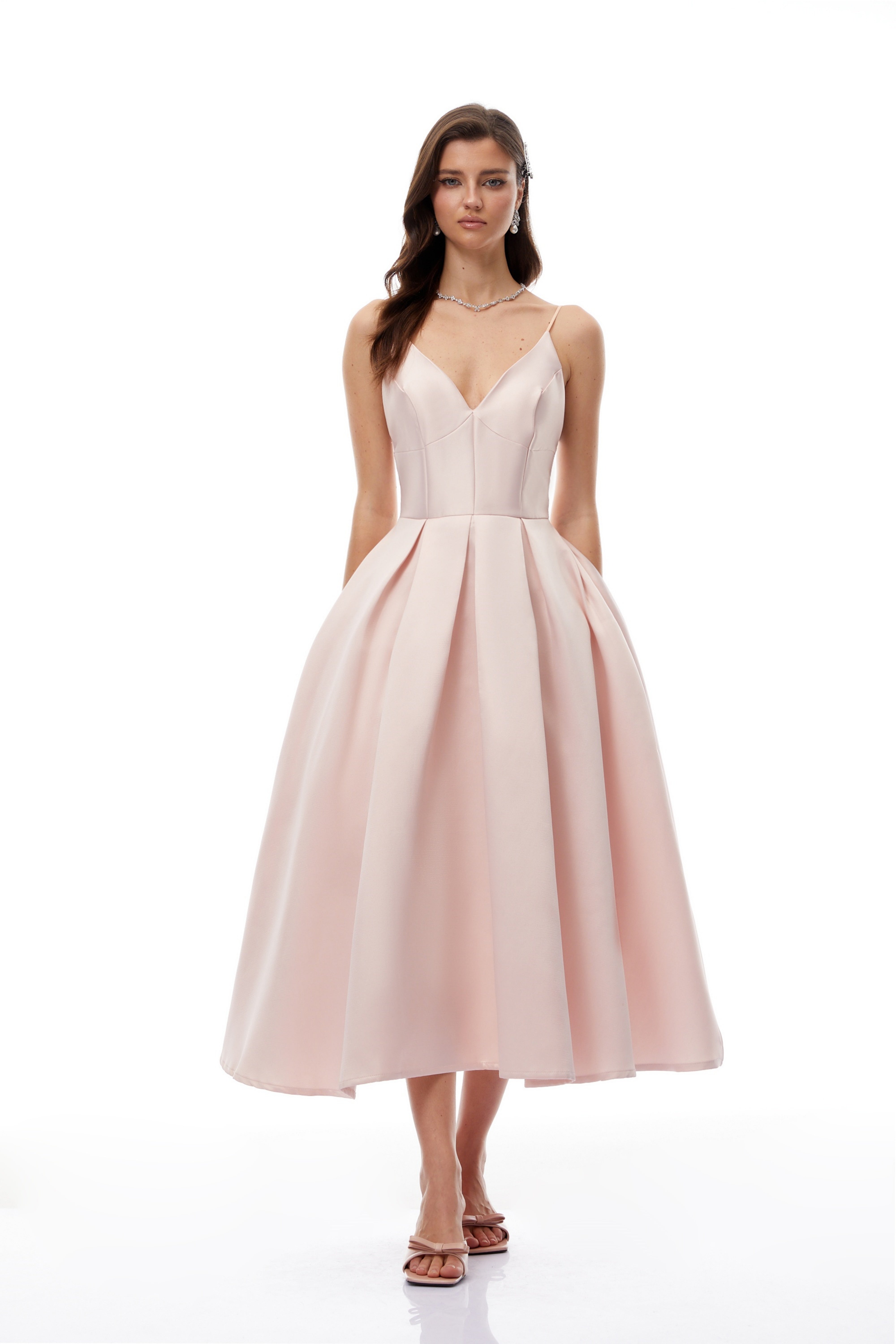 Prunelle Pink V-Neck Pleated Midi Dress
