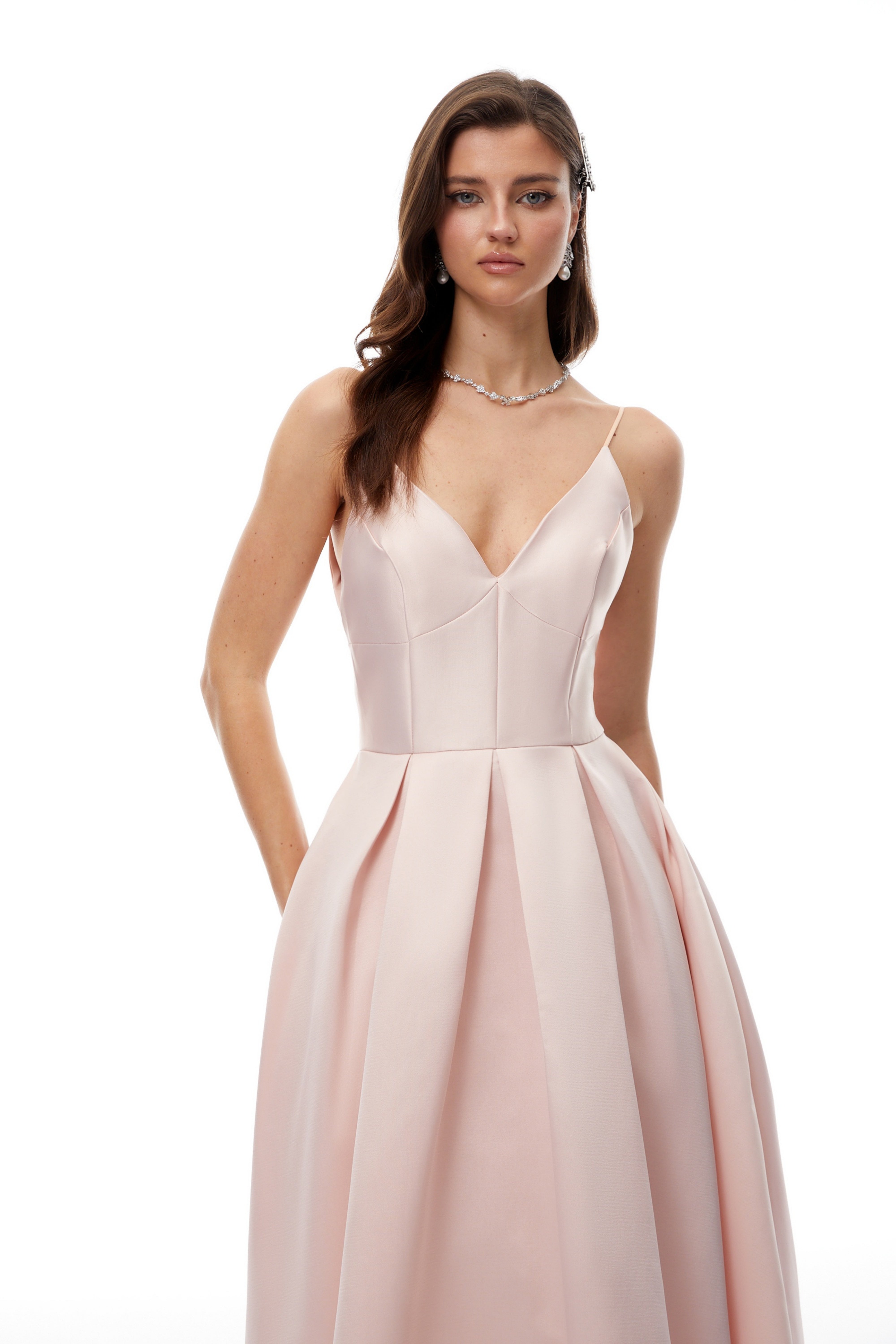 Prunelle Pink V-Neck Pleated Midi Dress