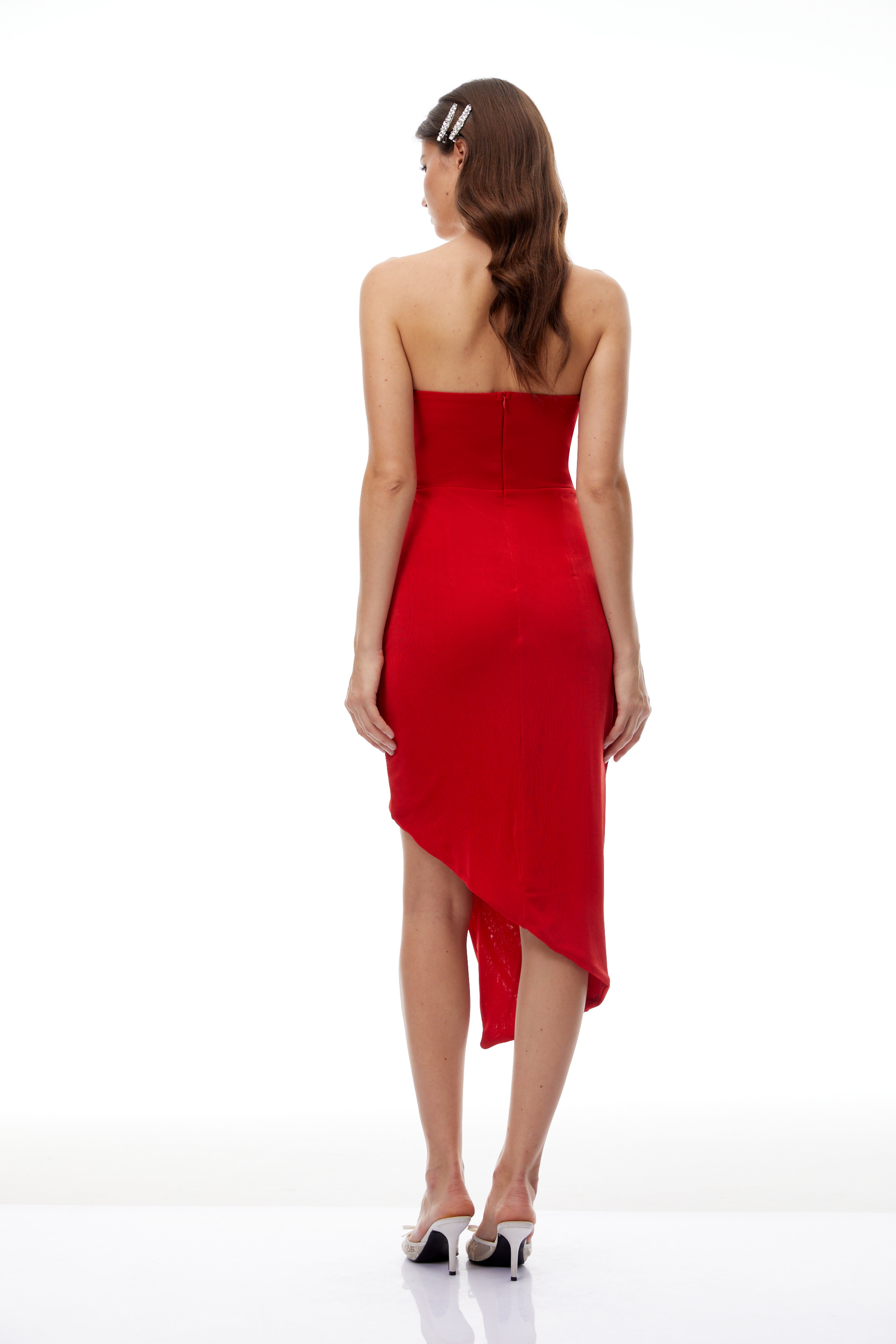 Una Red Strapless Gathered Corset Mini Dress