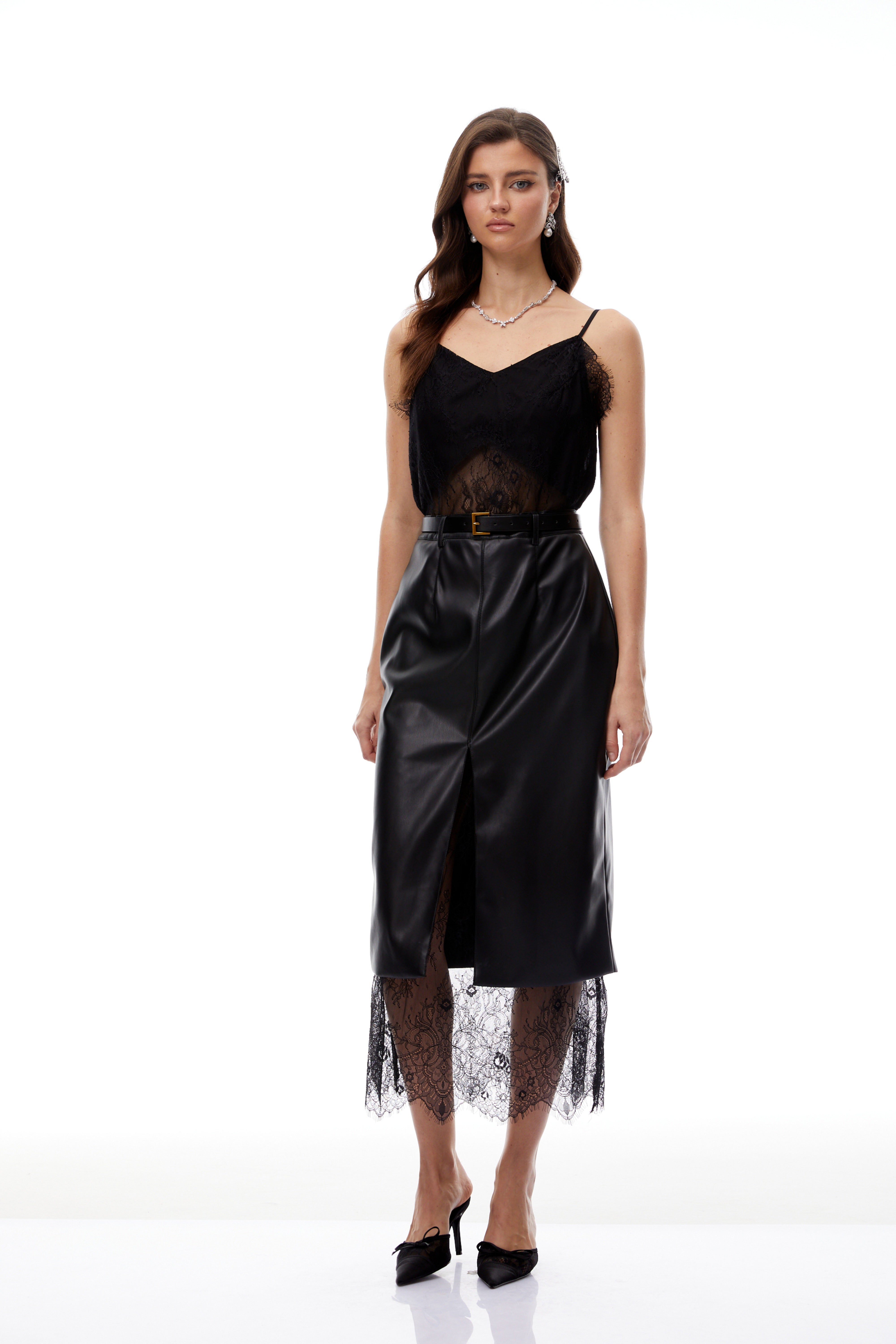 Debby Black Leather Panel Lace Midi Dress (Final Sale-US Only)