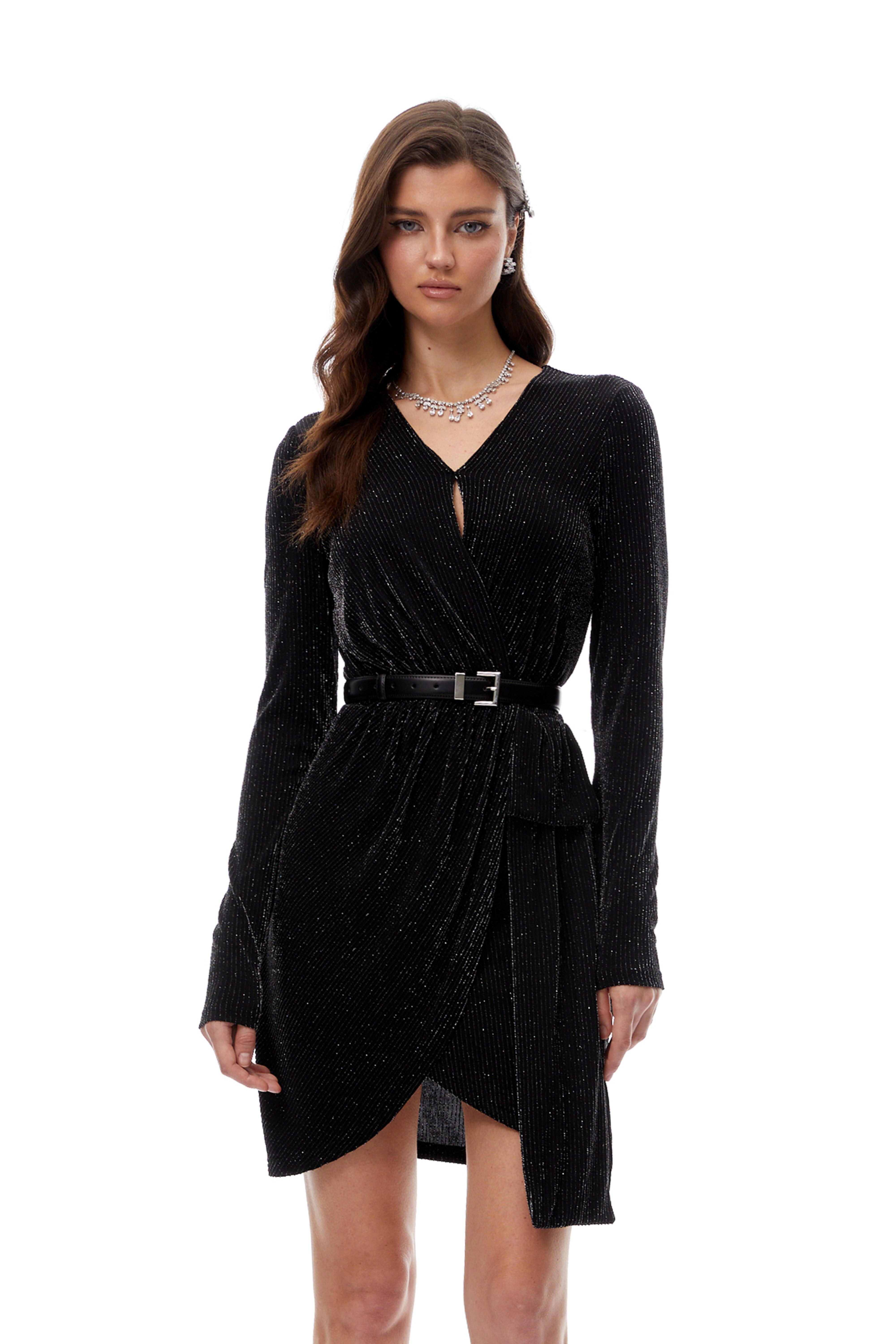 Betsy Black Asymmetrical Gathered Wrap Mini Dress