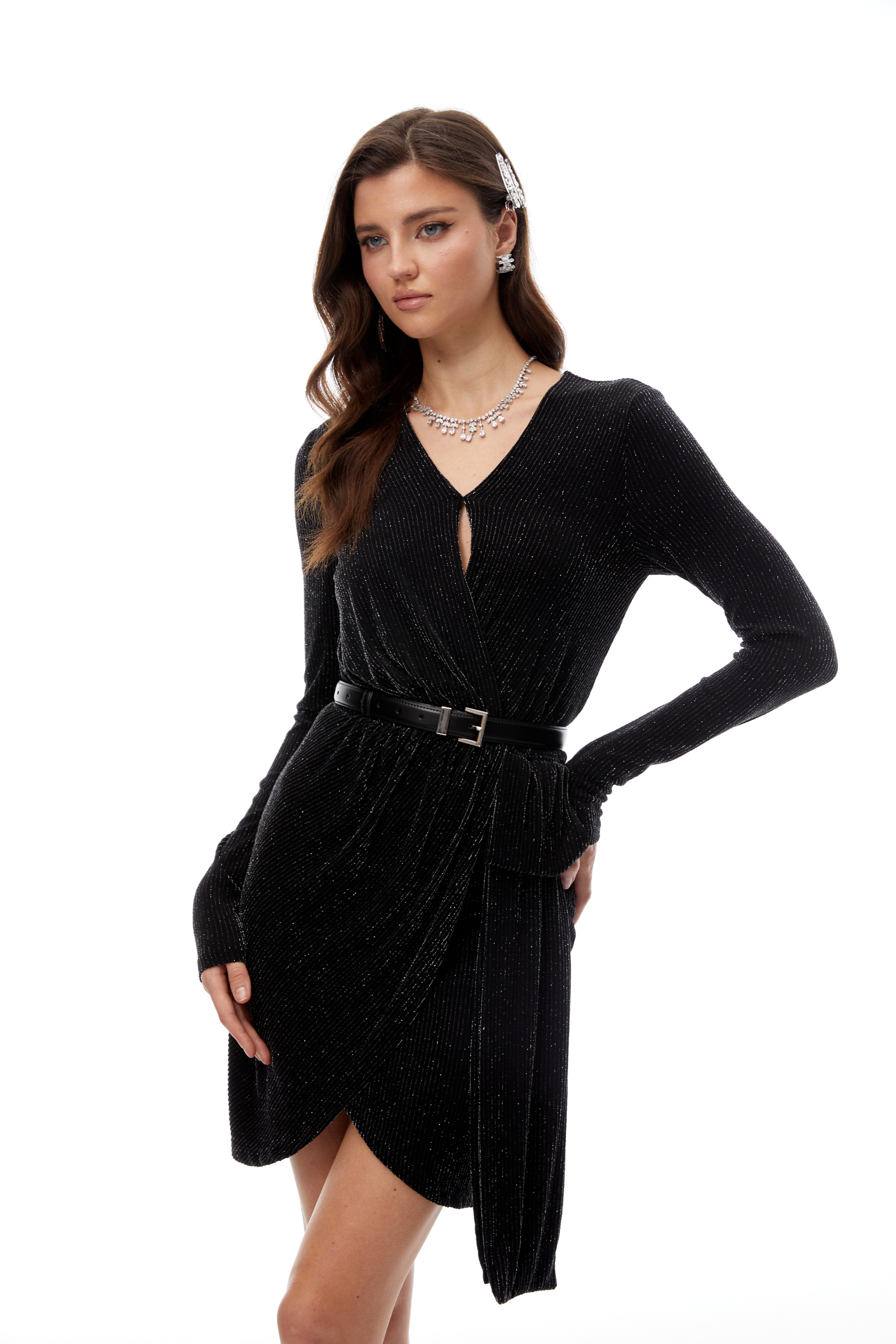 Betsy Black Asymmetrical Gathered Wrap Mini Dress
