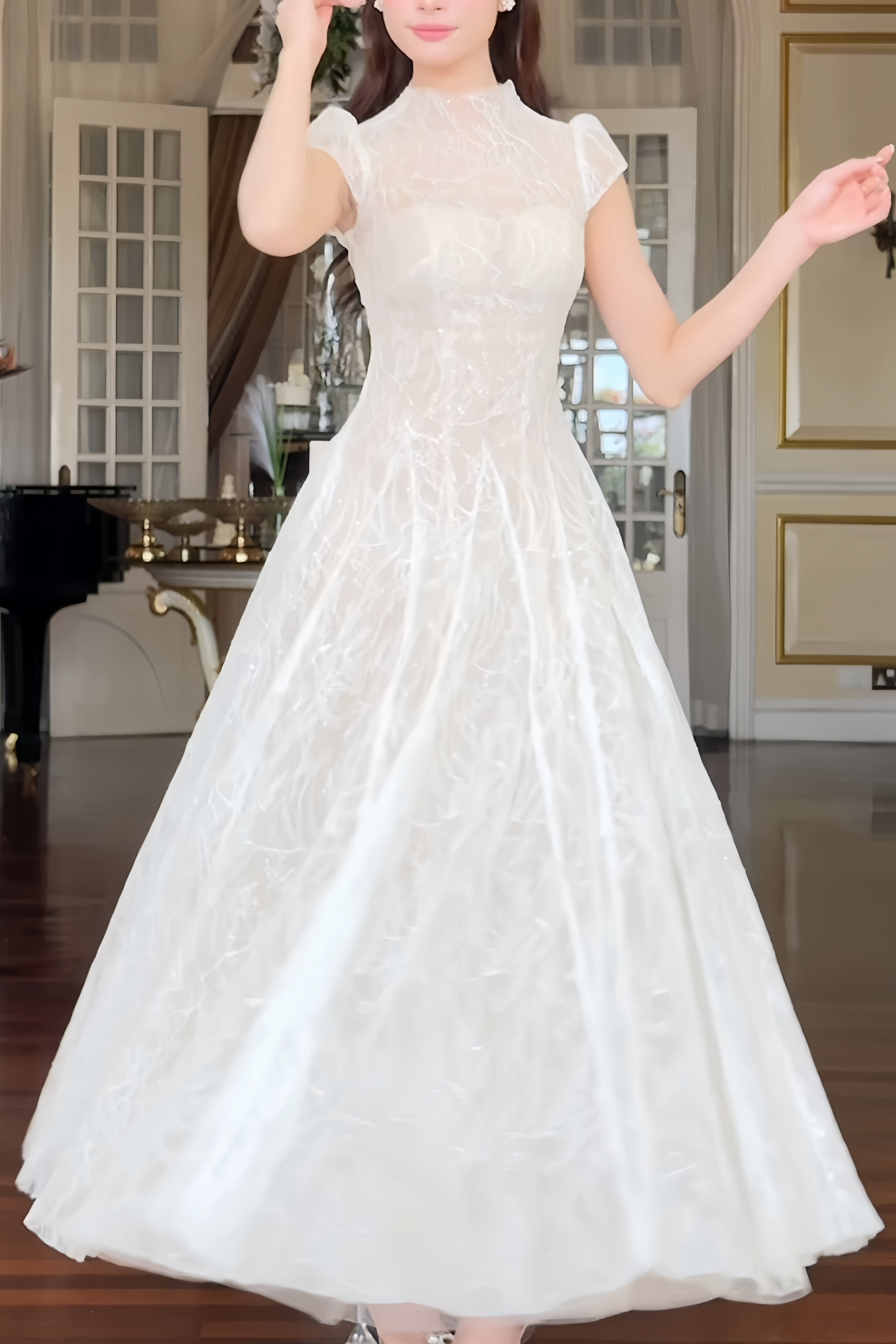 Velia White Lace Glitter Tulle Maxi Gown