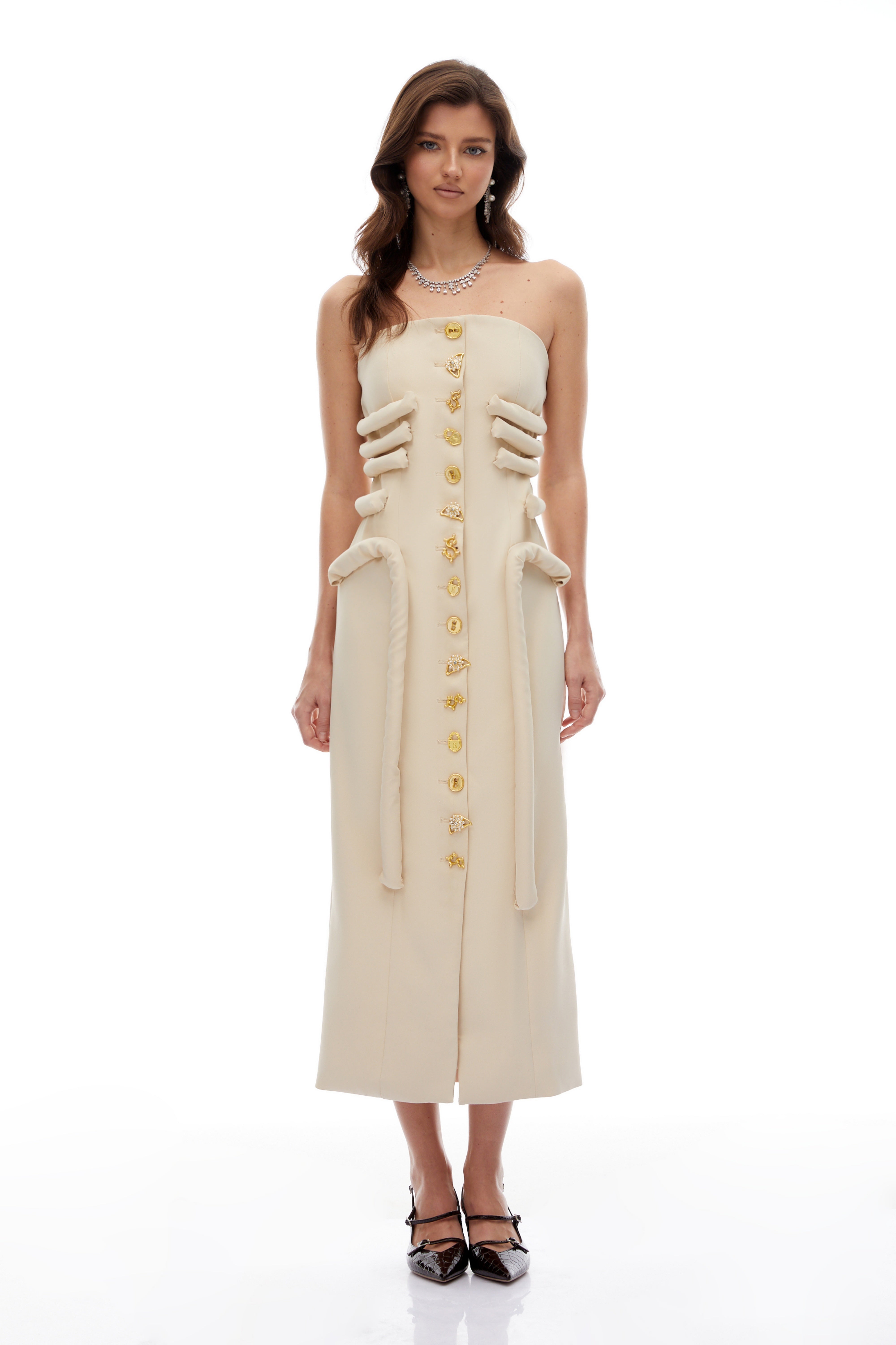 Thera Neutral Strapless Decorative Button Midi Dress (Final Sale)