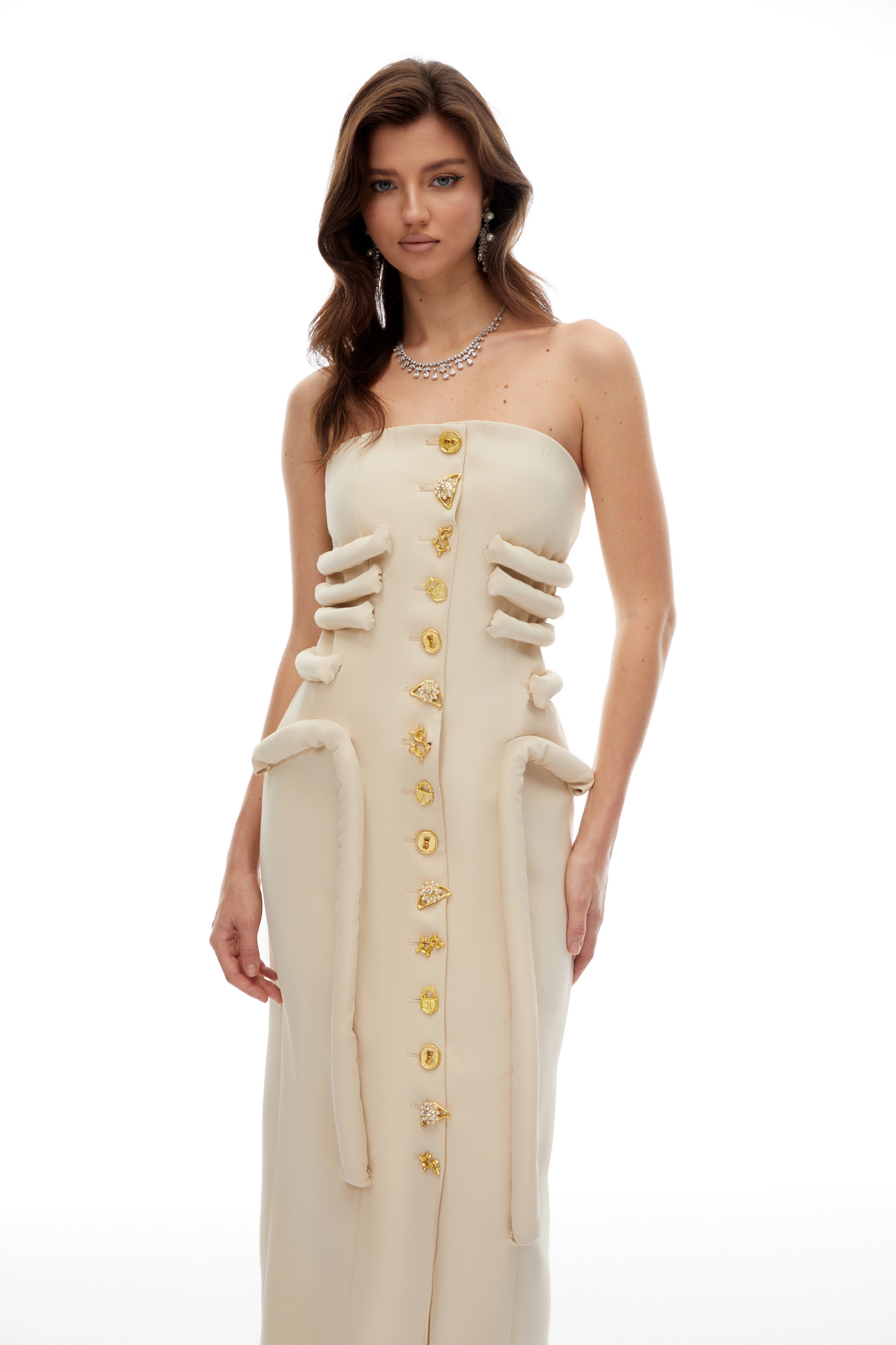 Thera Neutral Strapless Decorative Button Midi Dress (Final Sale)