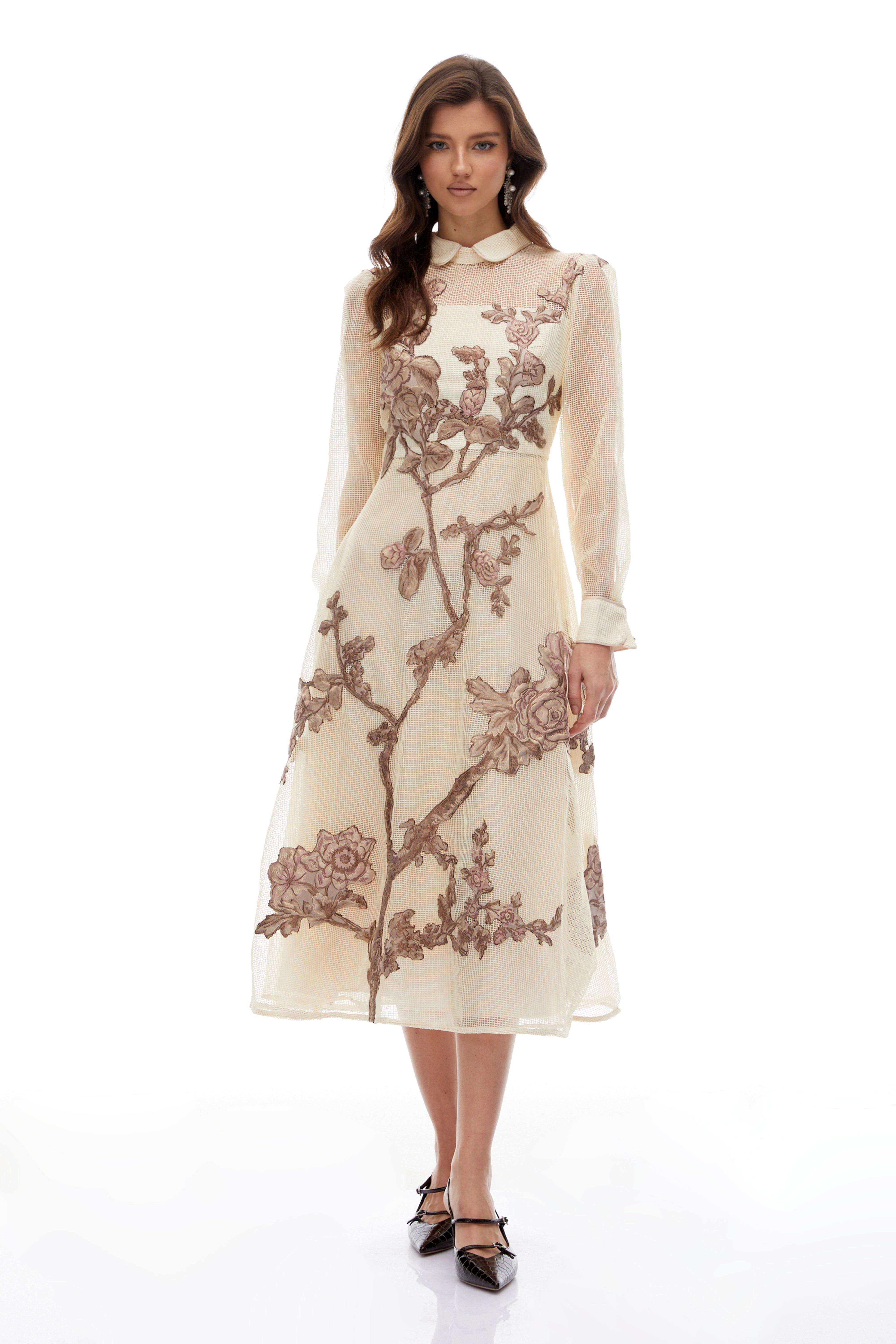 Ginevra Neutral Floral Appliqué Crochet Midi Dress