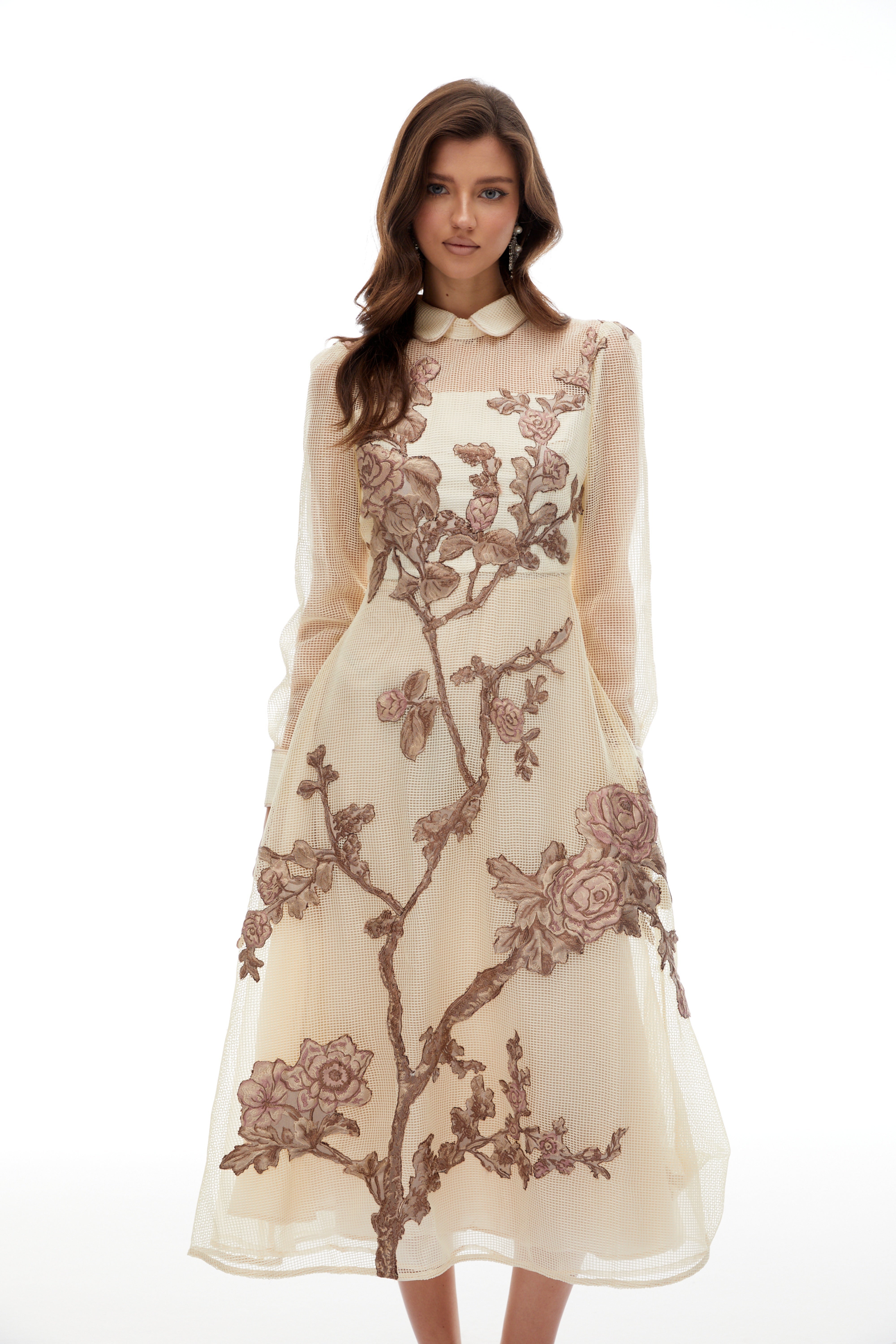 Ginevra Neutral Floral Appliqué Crochet Midi Dress