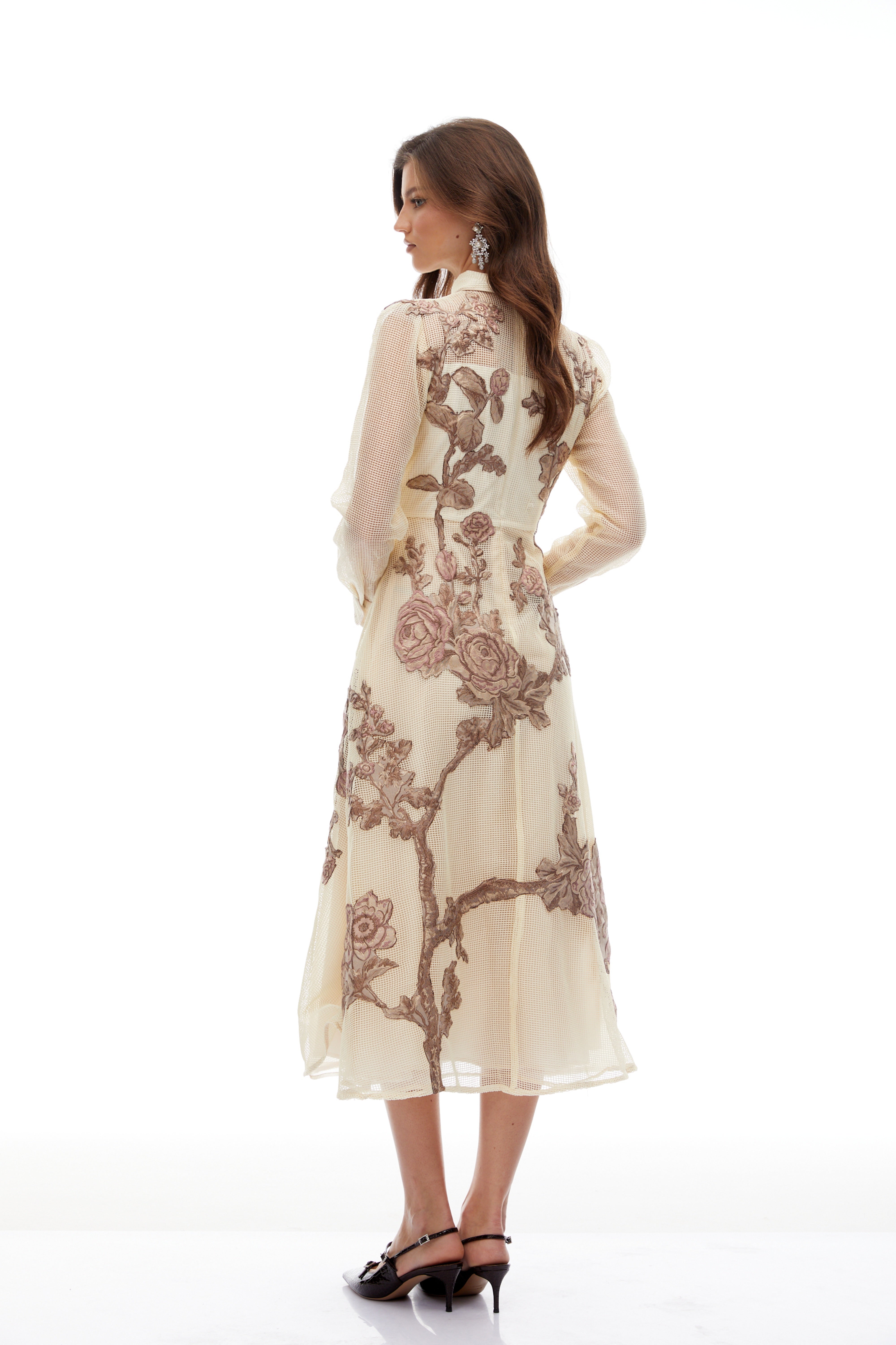 Ginevra Neutral Floral Appliqué Crochet Midi Dress