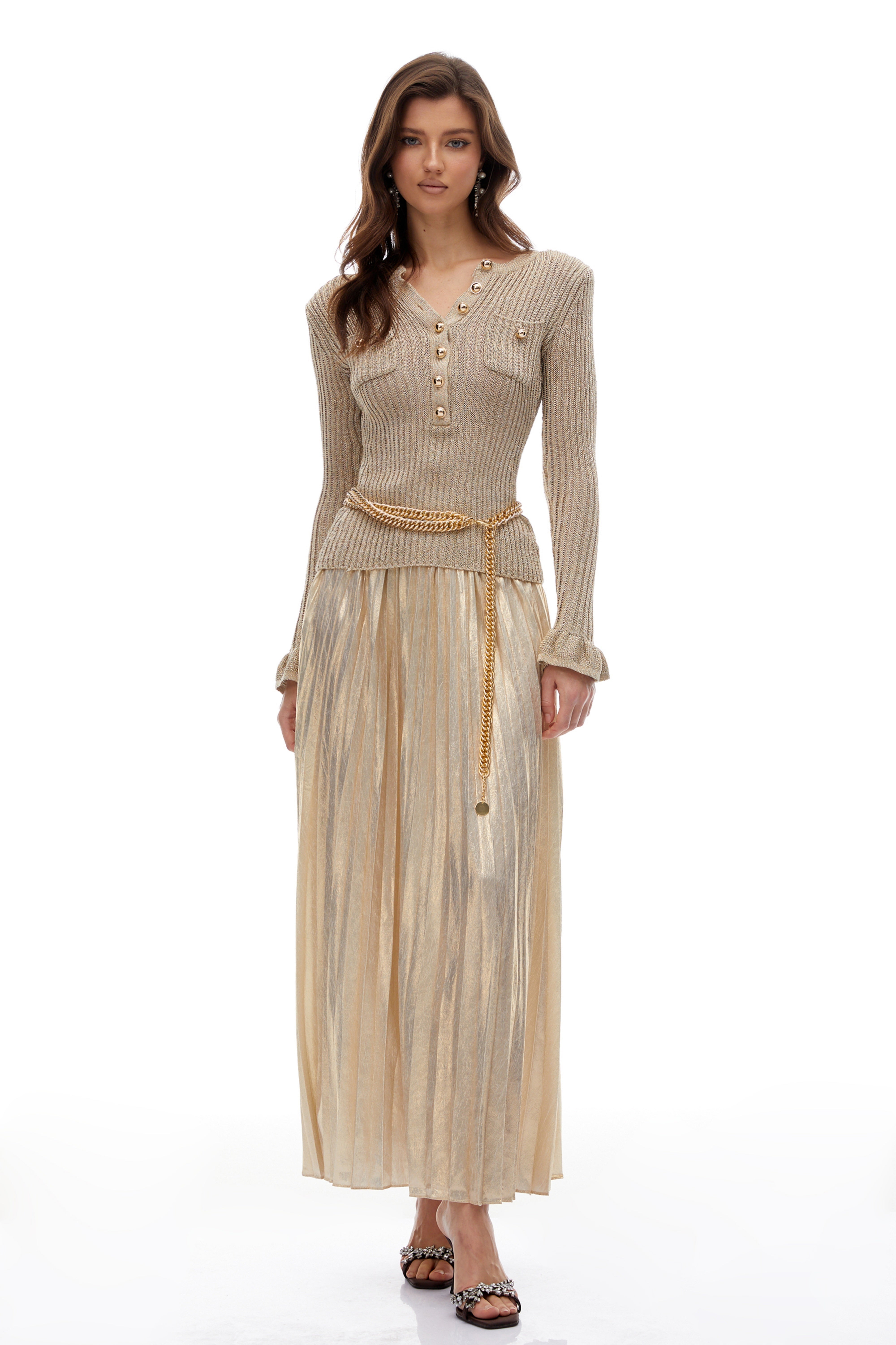 Hermosa Gold Metallic Knit Pleated Maxi Dress