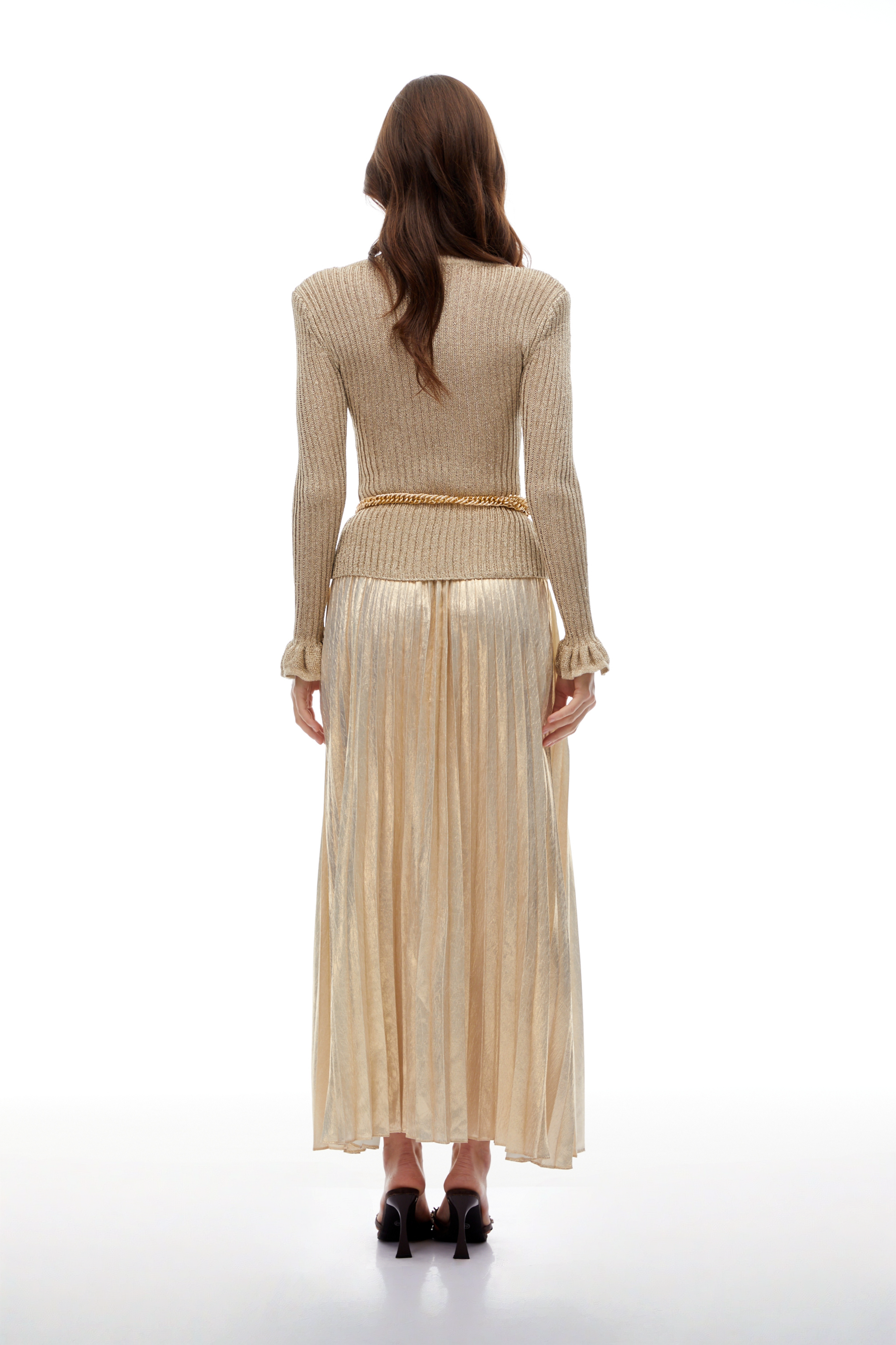 Hermosa Gold Metallic Knit Pleated Maxi Dress (Final Sale)