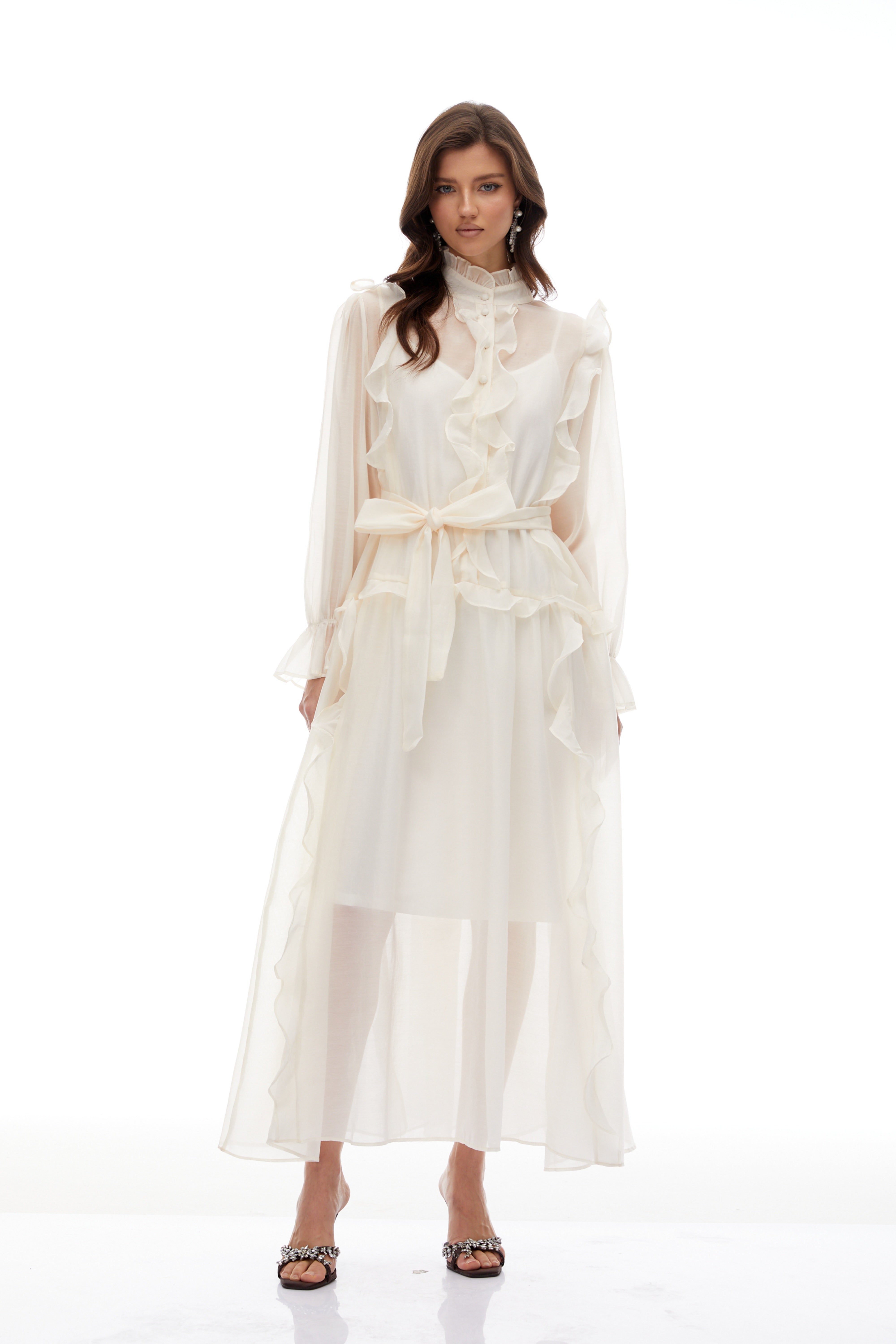 Quincie Neutral Tied Ruffled Trim Midi Dress