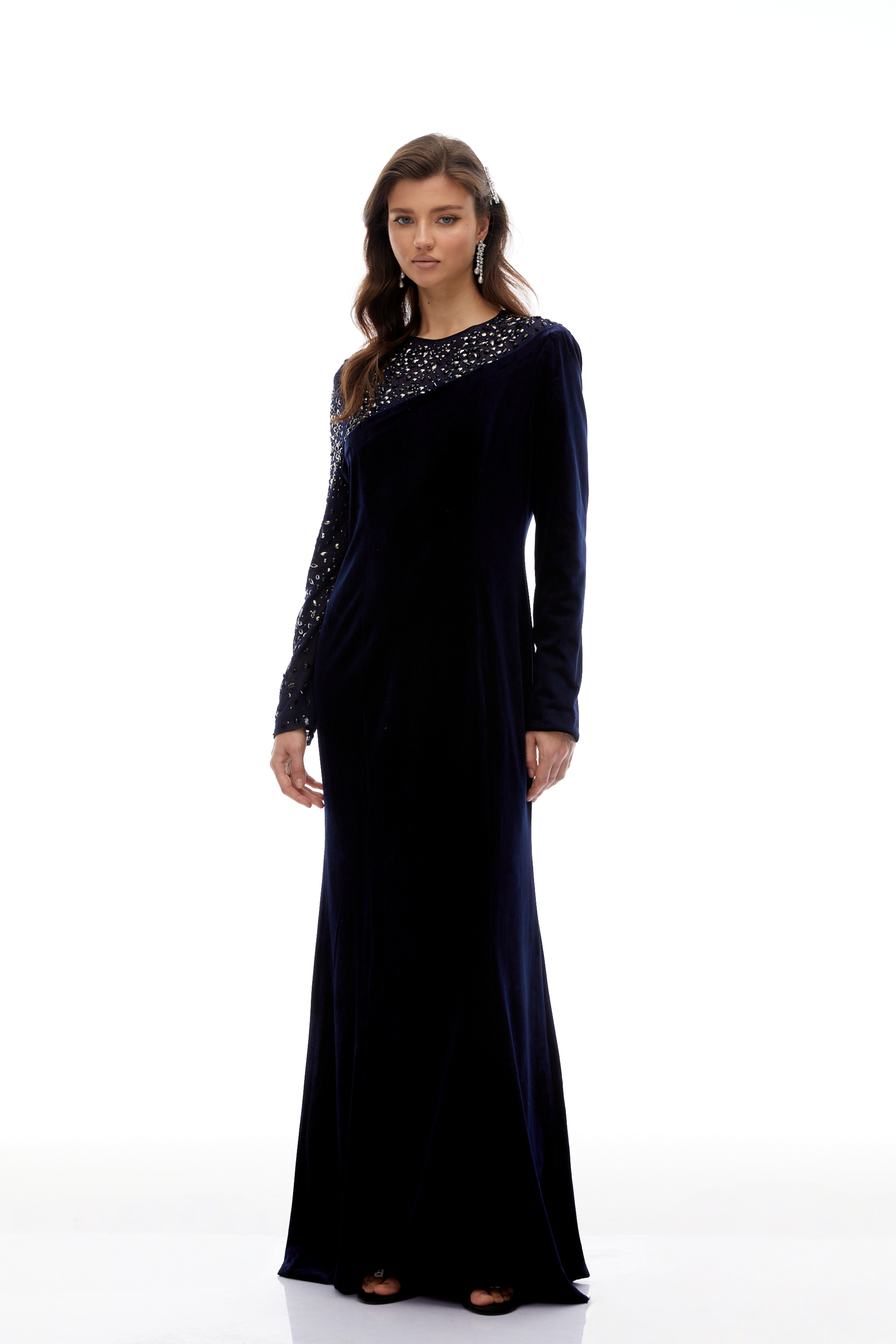 Rosemary Blue Embellished Velvet Maxi Gown(Final Sale-US Only)