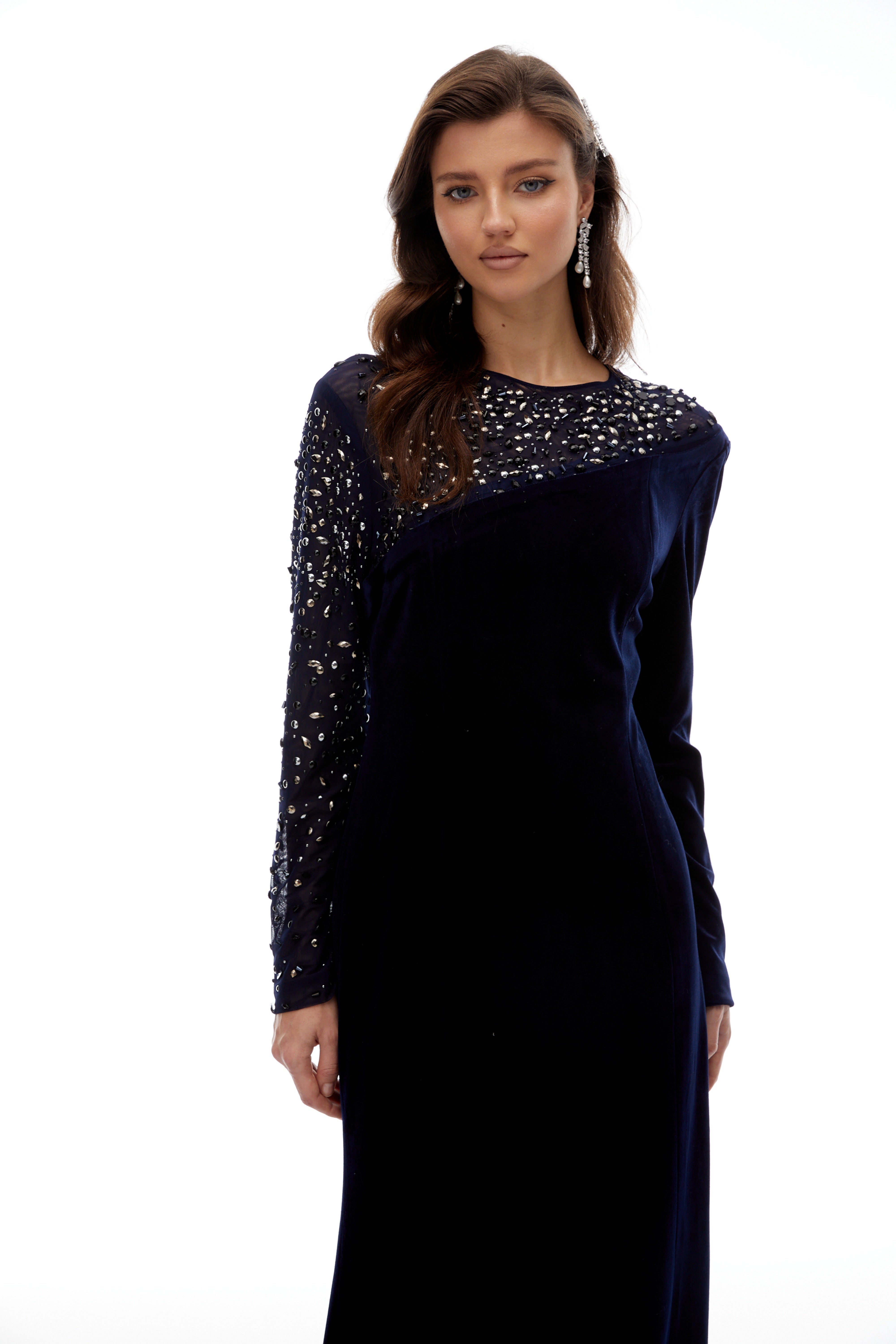 Rosemary Blue Embellished Velvet Maxi Gown