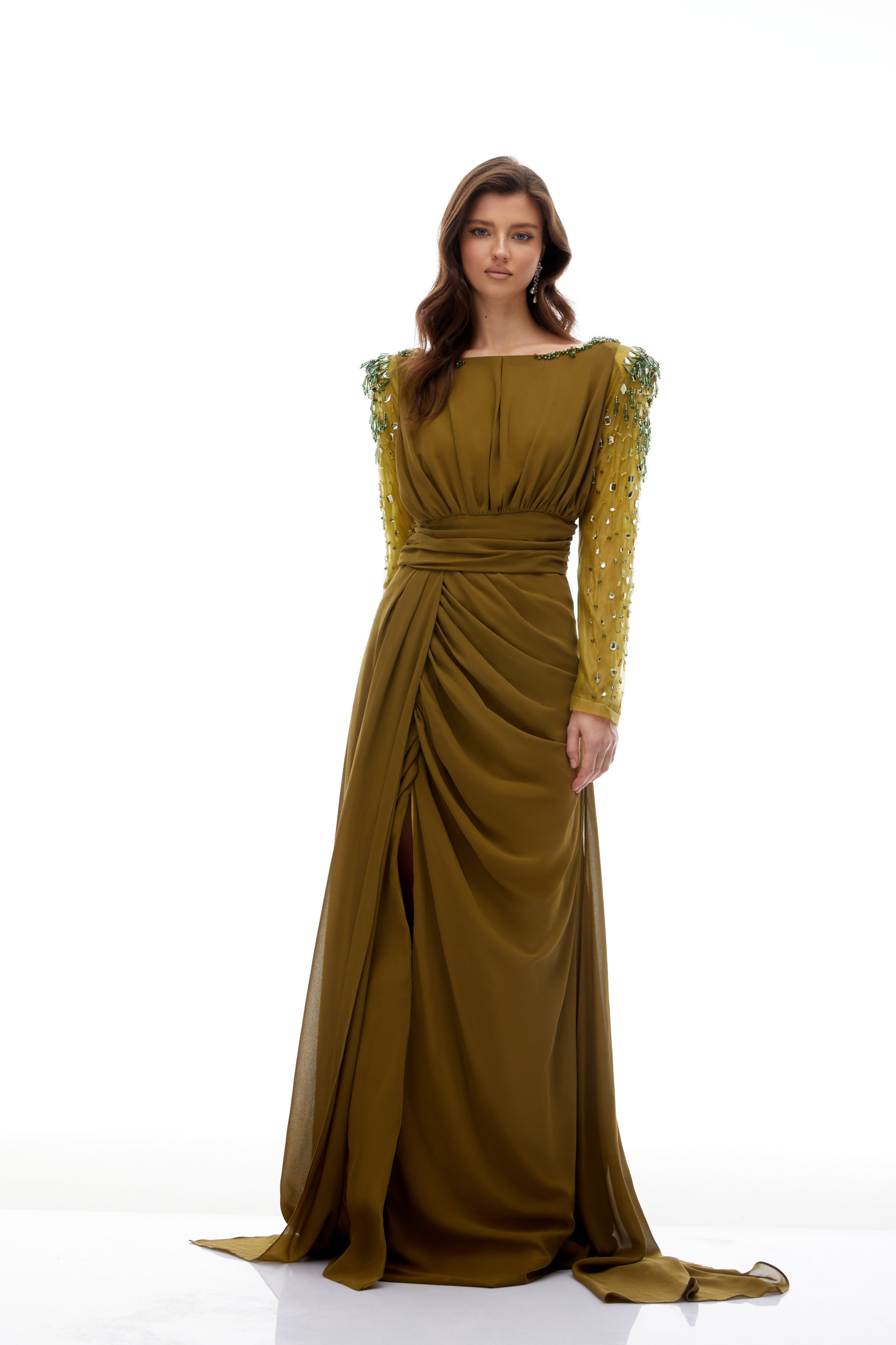 Lesley Green Embellished Draped Chiffon Maxi Gown